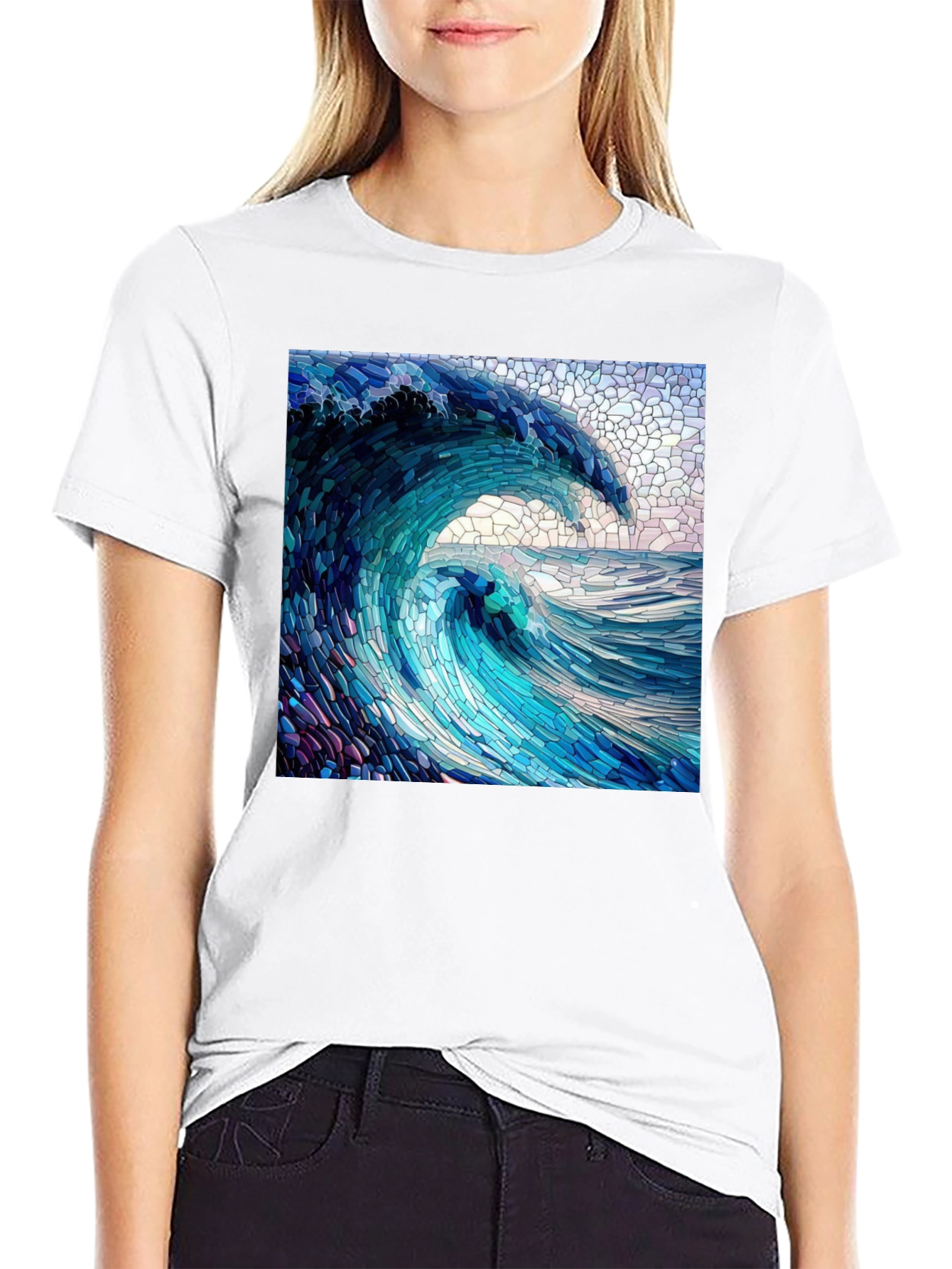 Black Ocean Wave Mosaic Graphic Tee - Unique Design view 9