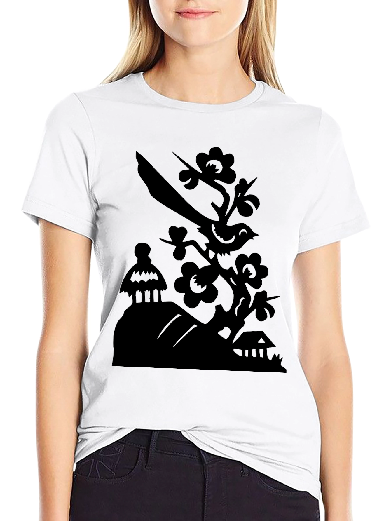 Black Bird on Branch Graphic Tee - Modern Black T-Shirt view 9