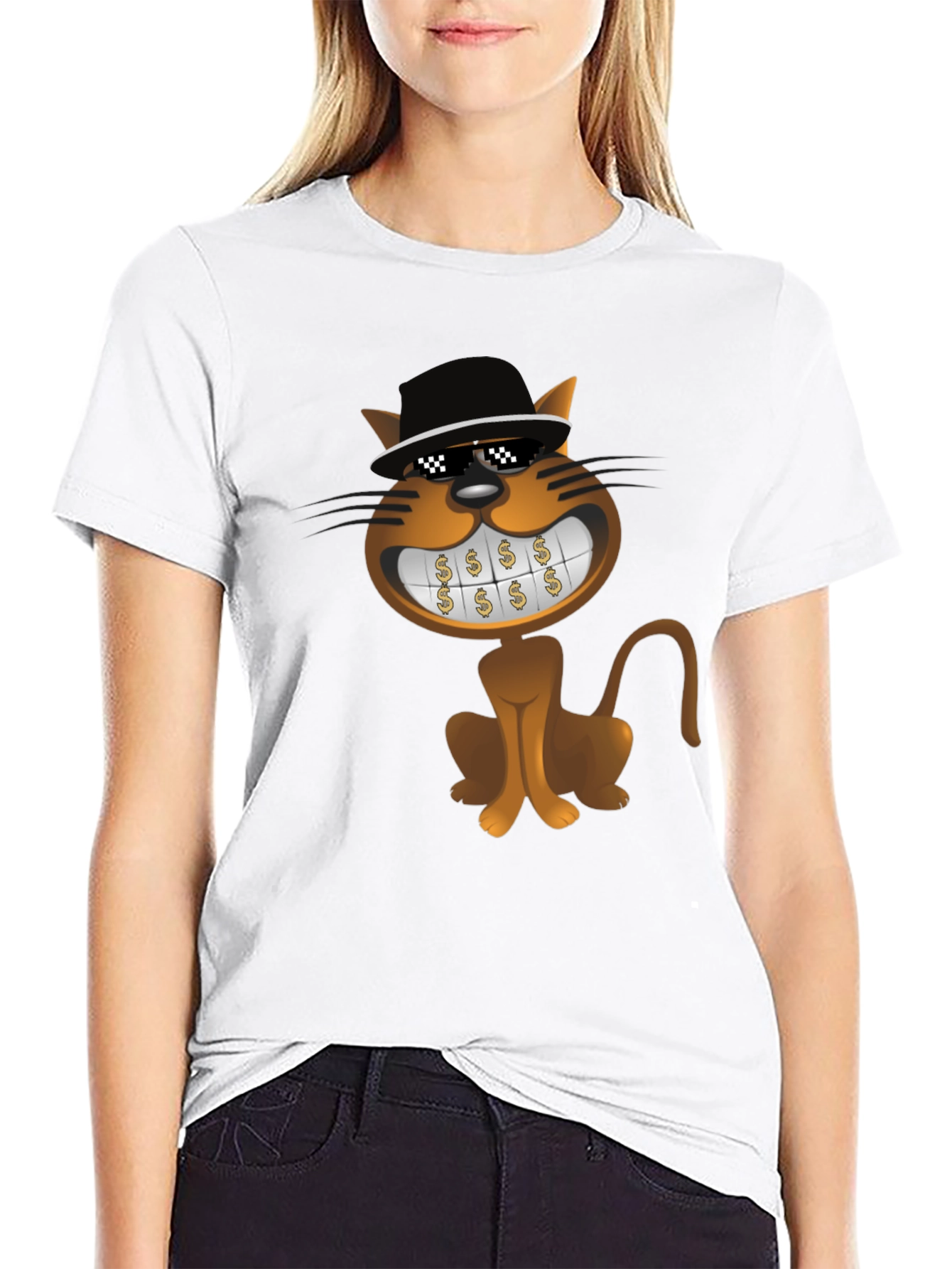 Black Cartoon Cat T-Shirt: Funny Design, Black Tee view 9