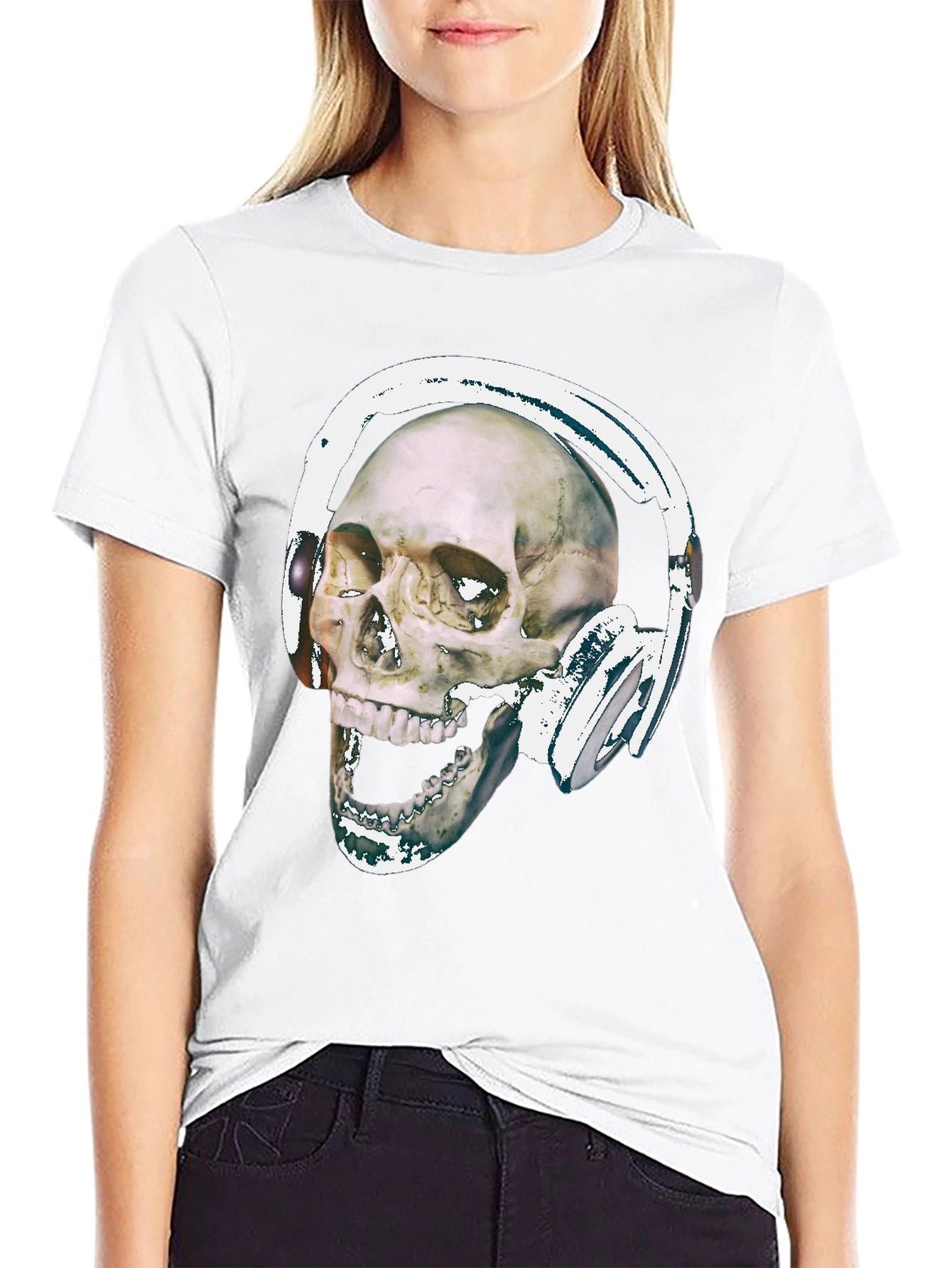 Black Skull With Headphones Graphic Tee - Black Cotton view 9