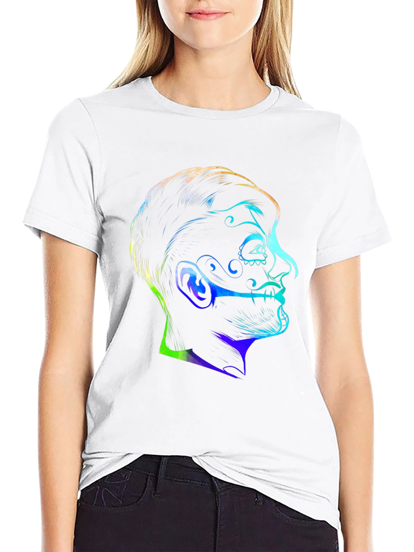 Black Colorful Sugar Skull Face Graphic Black T-Shirt view 9