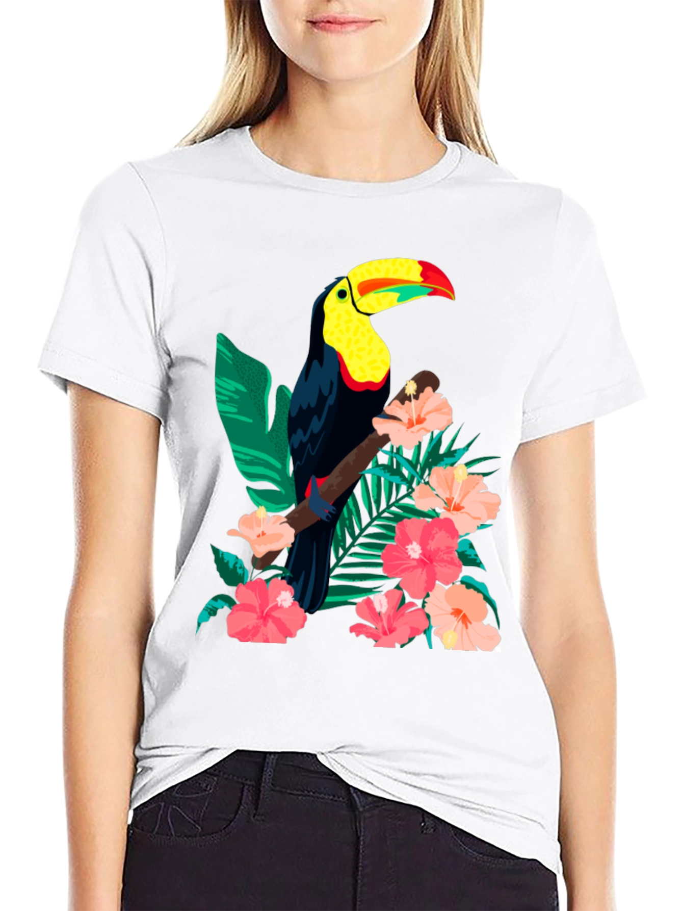 Black Toucan & Floral Print Black T-Shirt view 9