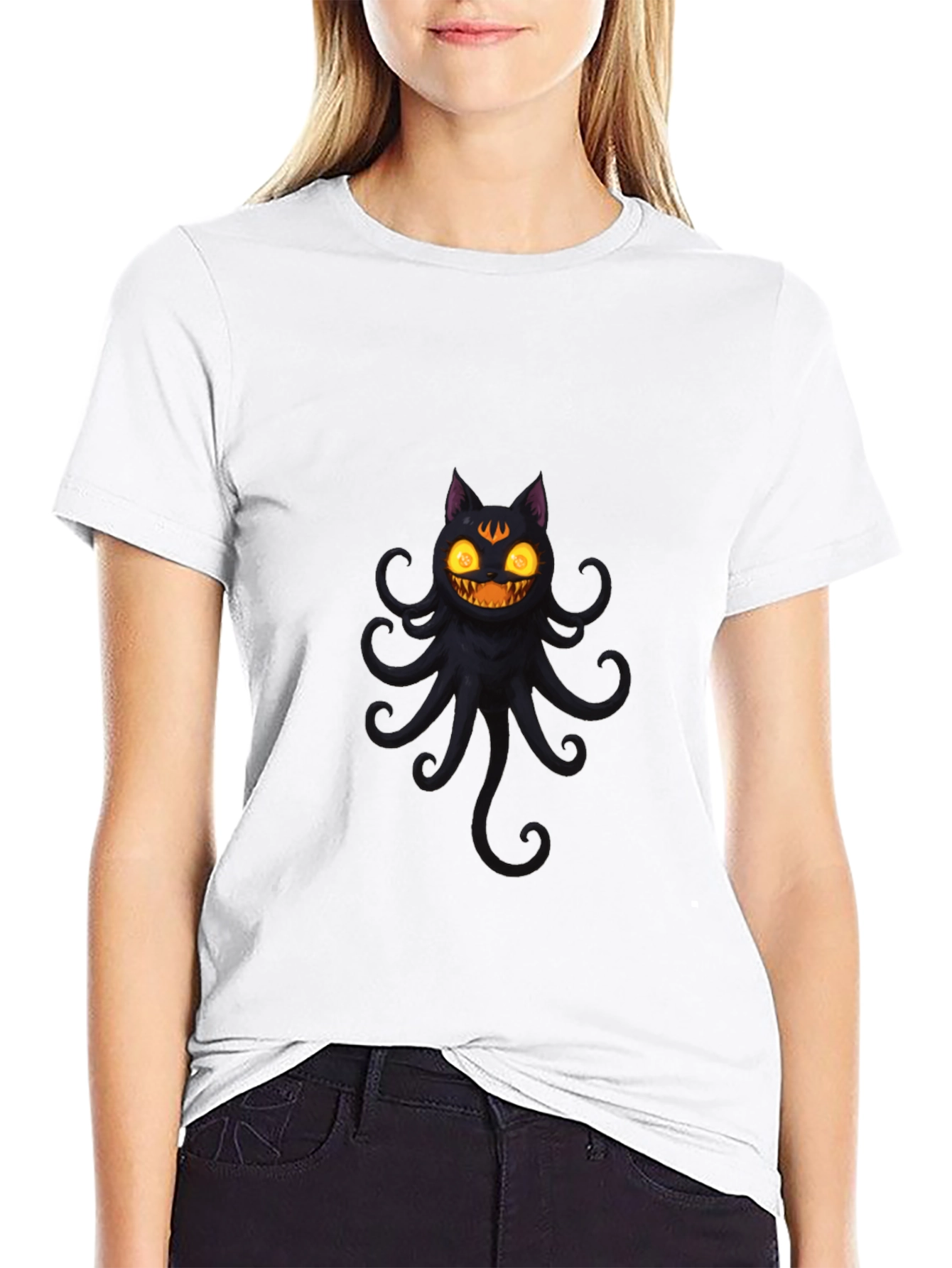 Black Spooky Cat Octopus Black T-Shirt view 9