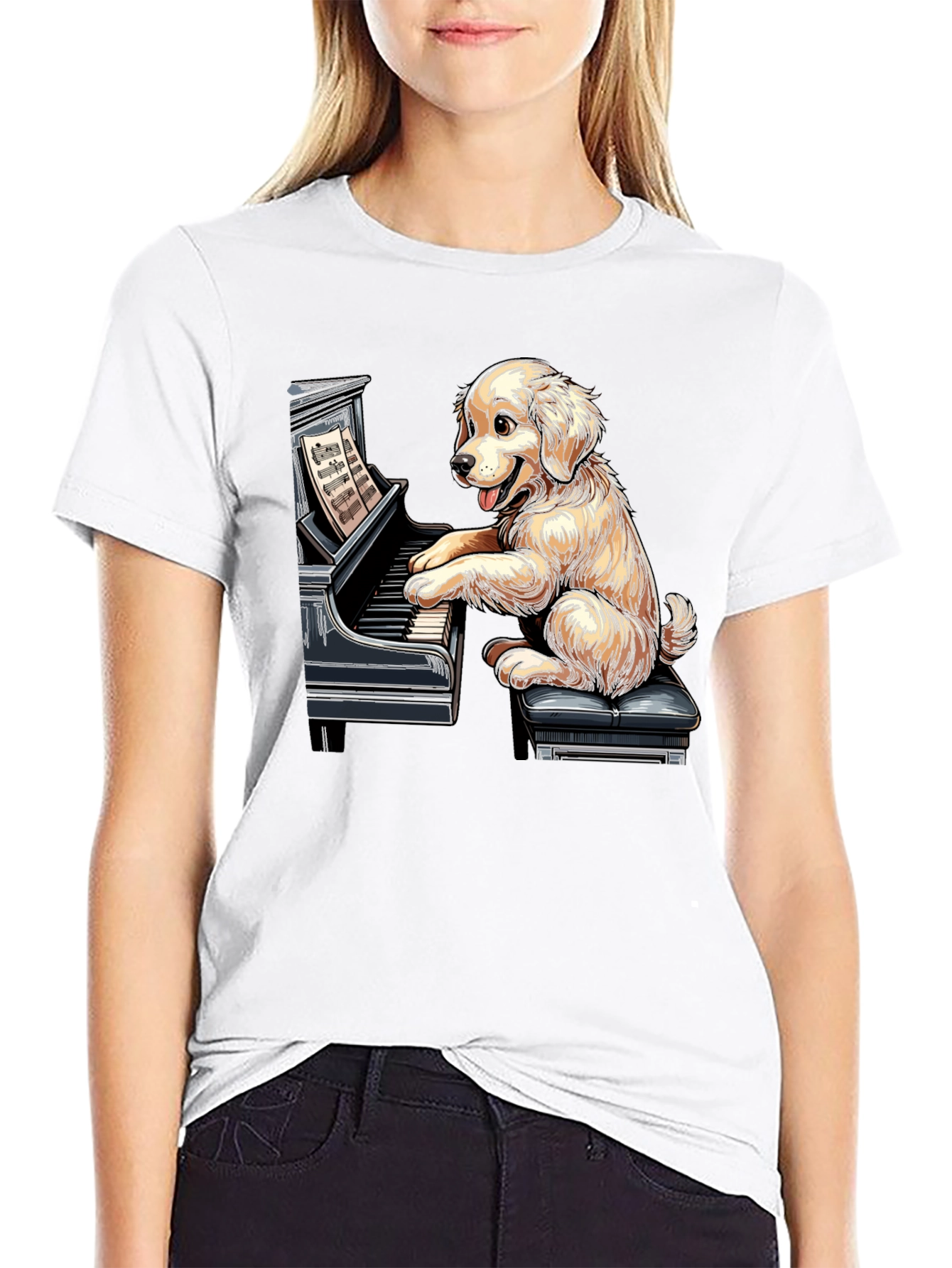 Black Dog Playing Piano Graphic Tee - Unisex Black T-Shirt view 9