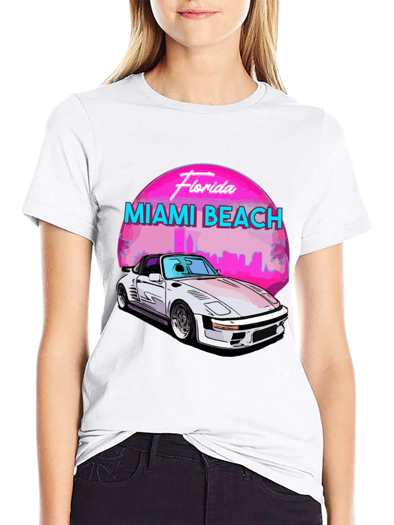 Black Miami Beach Florida T-Shirt - Retro Car Design view 9