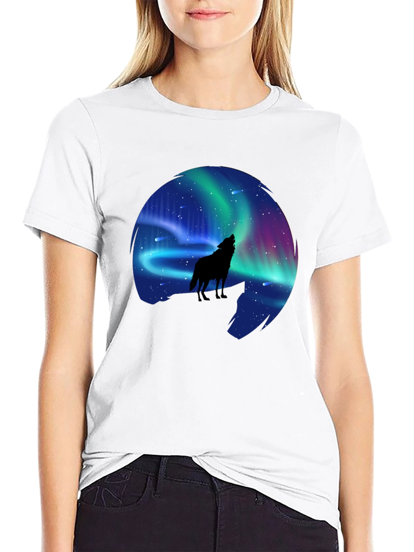 Black Wolf Aurora Borealis Graphic T-Shirt view 9
