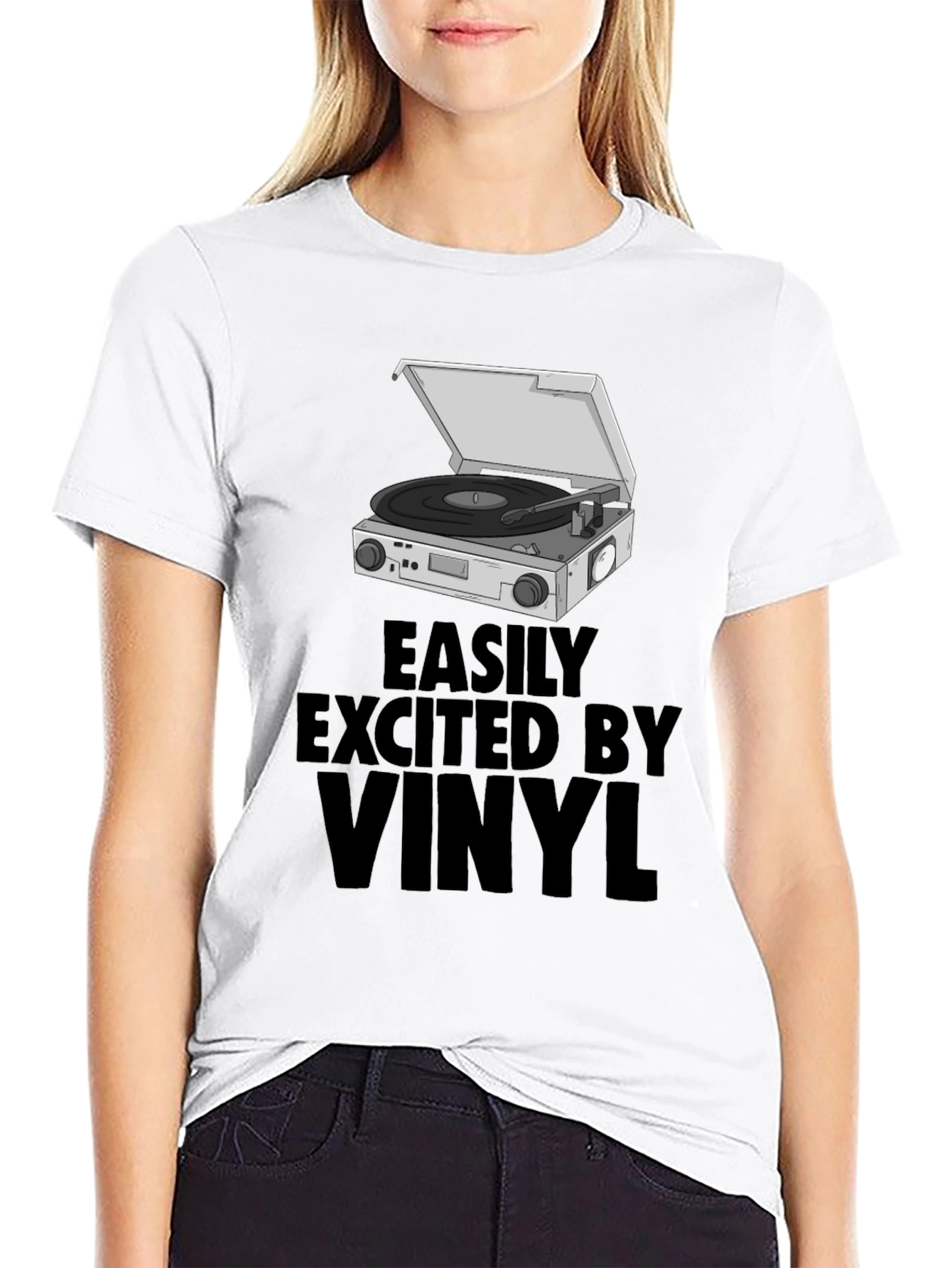 Black Vinyl Record Player T-Shirt - Easily Excited view 9