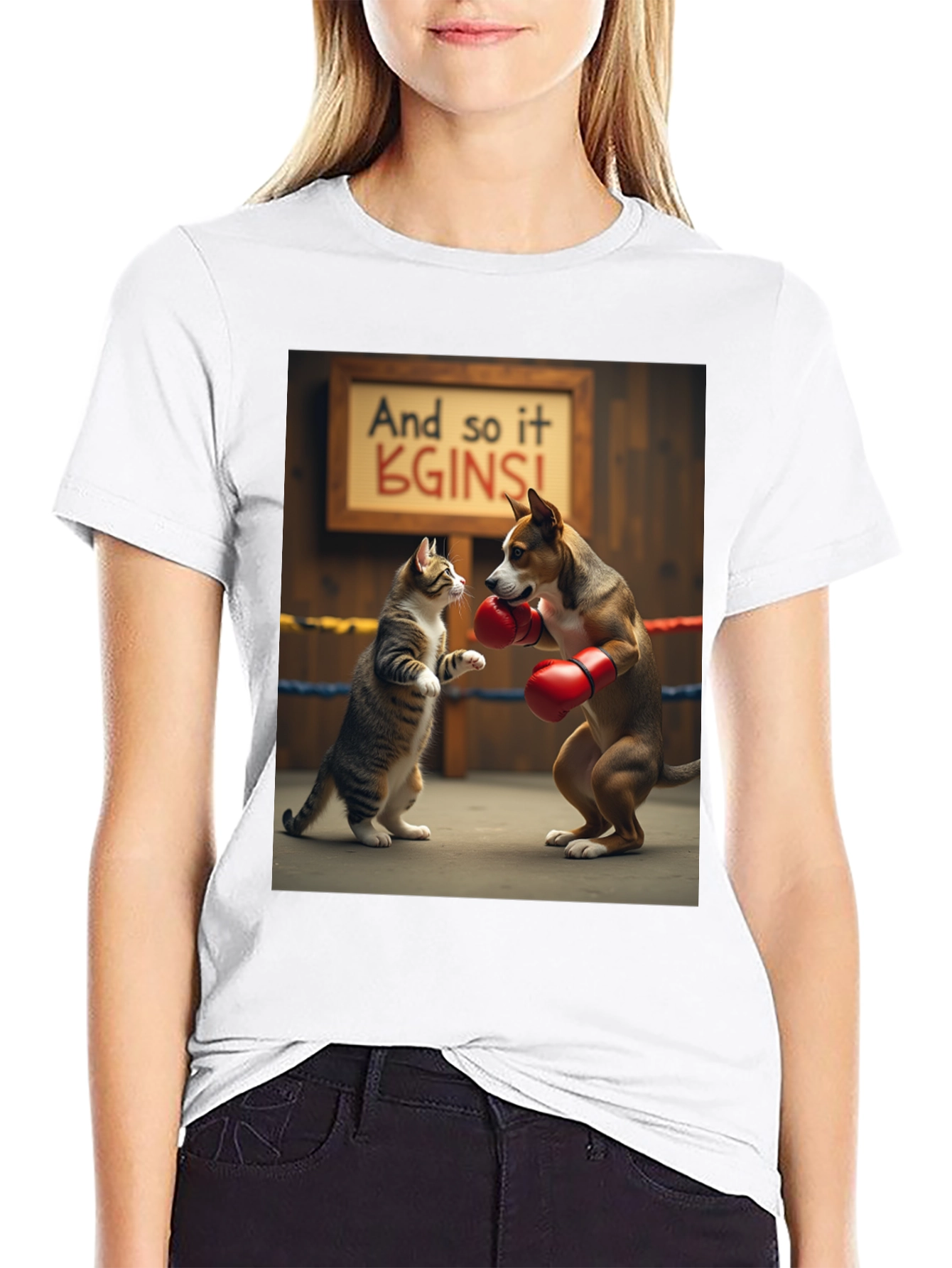 Black Boxing Cat and Dog Graphic Tee view 9