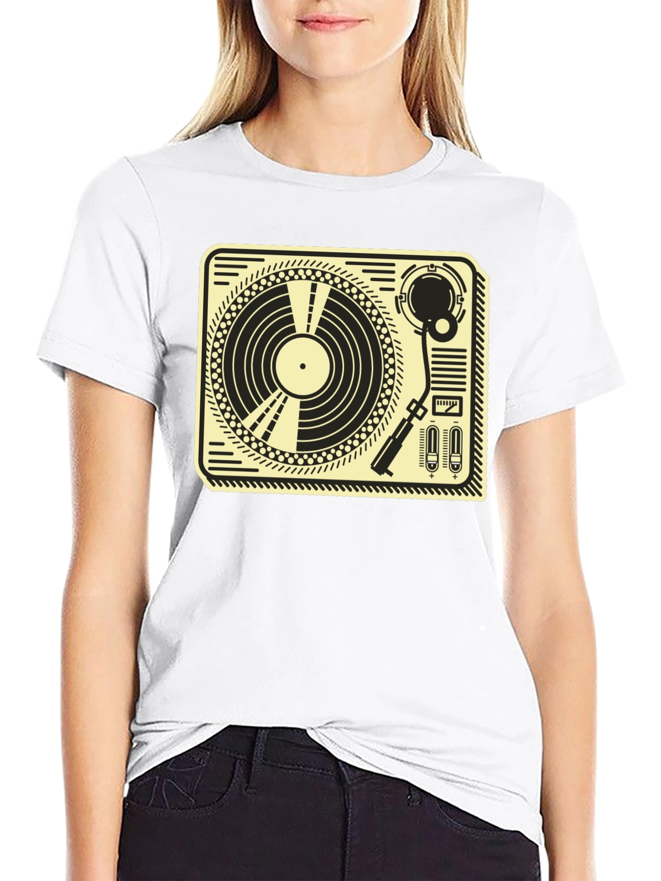 Black Retro Turntable Graphic Tee - Black Cotton T-Shirt view 9