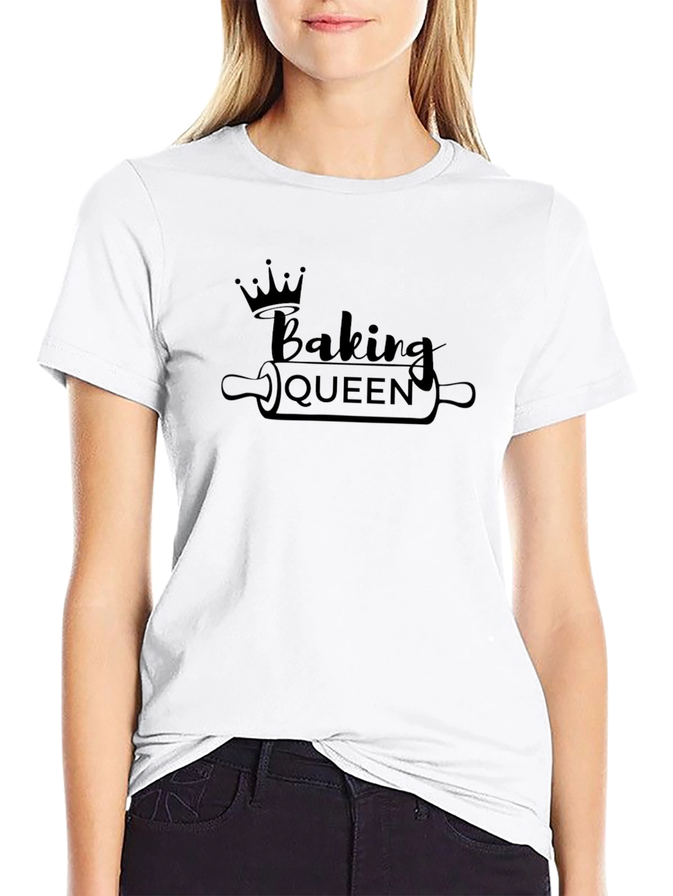 Black Baking Queen T-Shirt - Black, Crown and Rolling Pin Design view 9