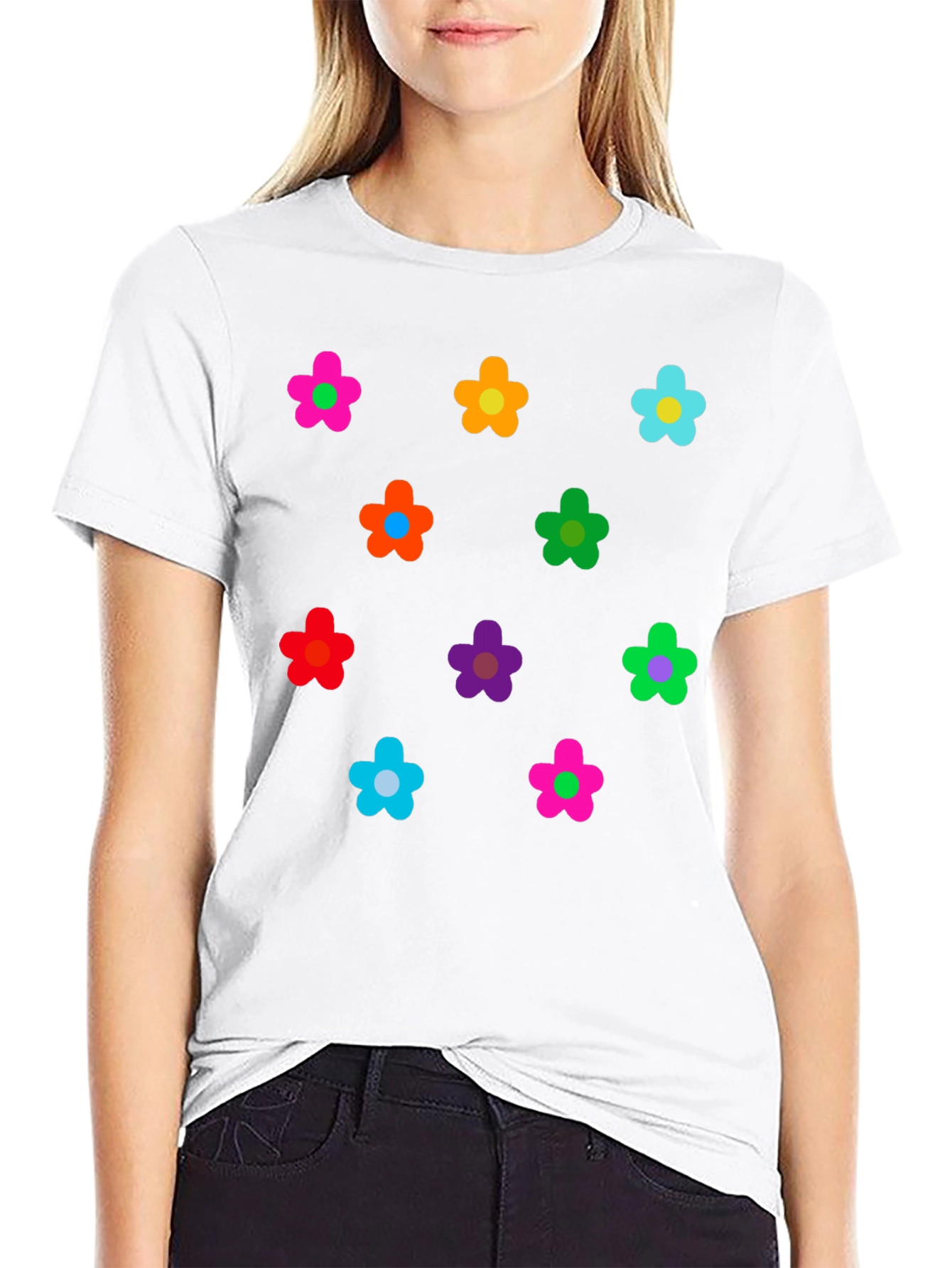 Black Colorful Flower Pattern Black T-Shirt view 9