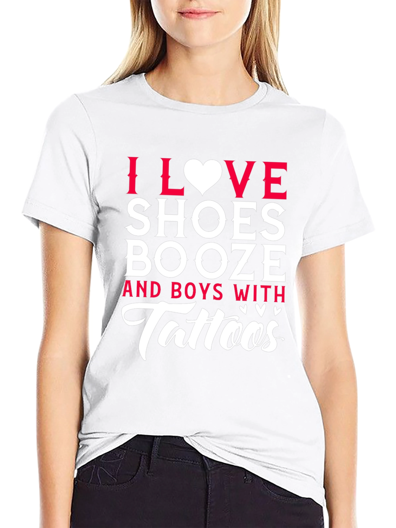 I Love Shoes Booze & Boys With Tattoos Black T-Shirt - 9
