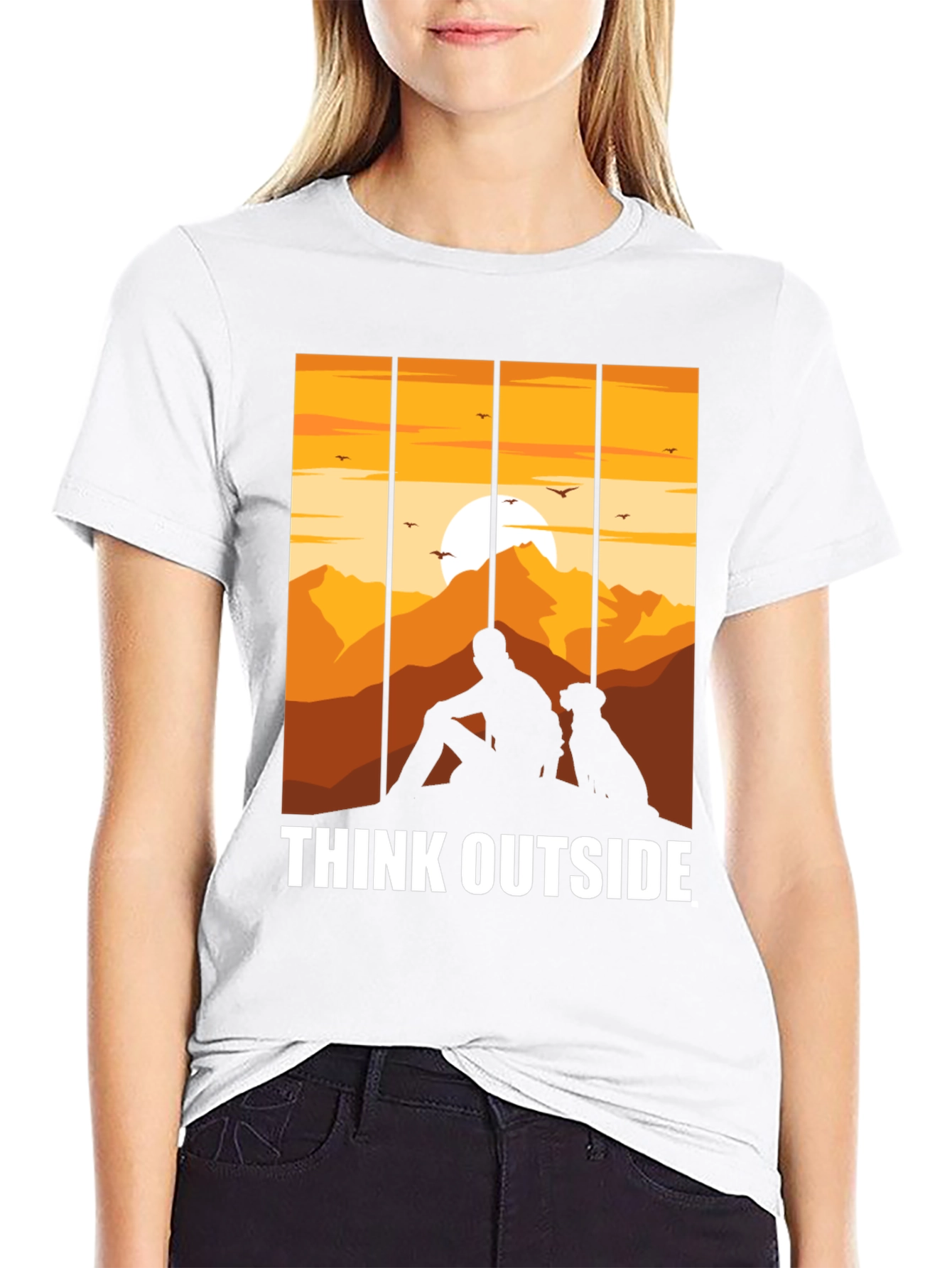 Black Think Outside Black T-Shirt, Man and Dog Sunset Graphic Tee view 9
