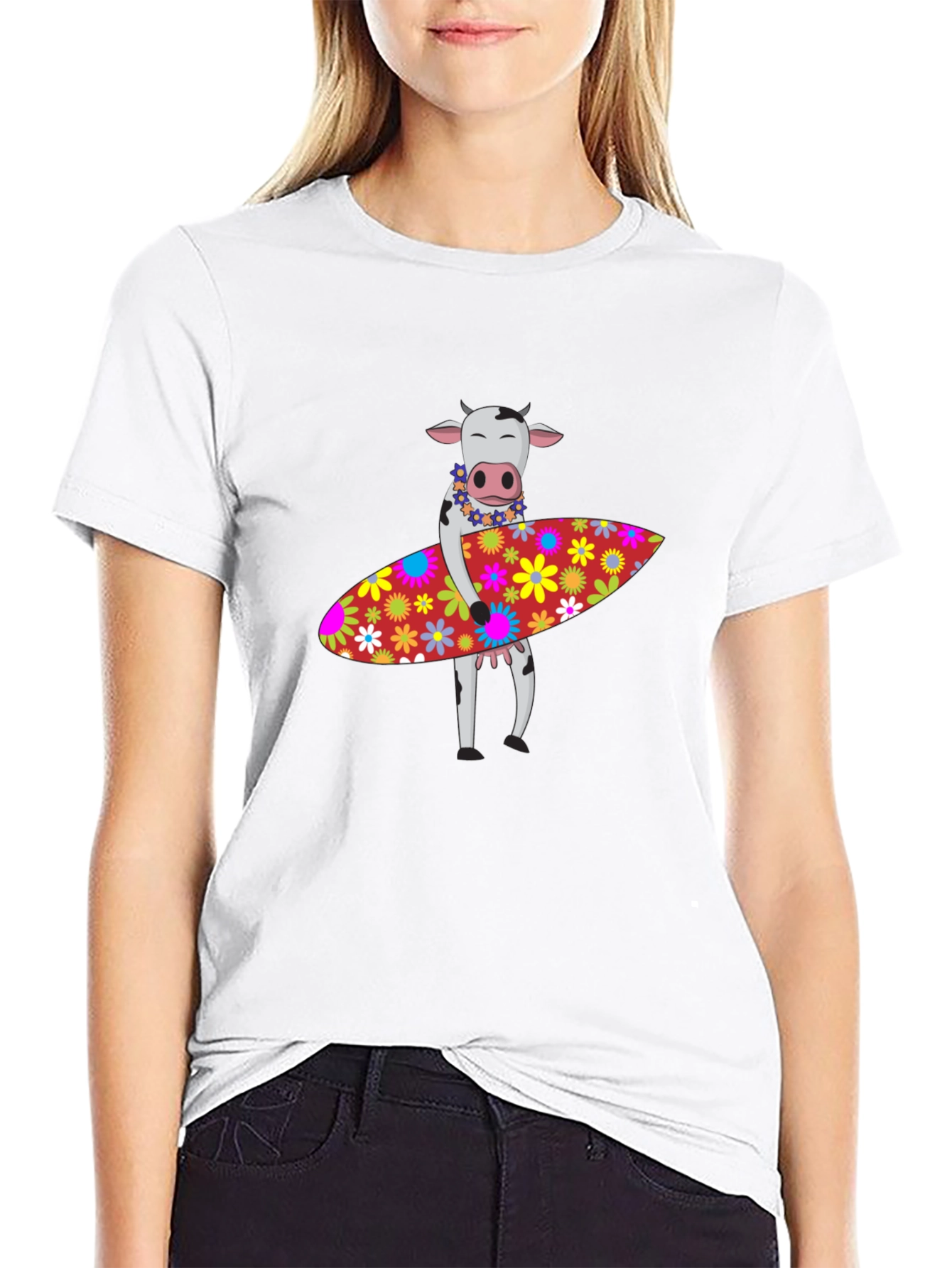 Black Surfing Cow Graphic Tee - Black Cotton T-Shirt view 9