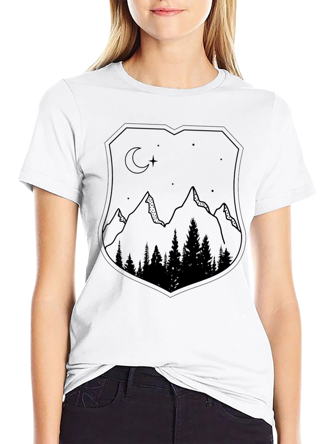 Black Mountain Night Scene Graphic Tee - Black Unisex Shirt view 9