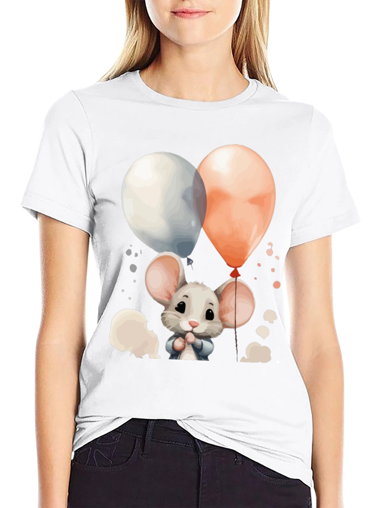 Black Cute Mouse Balloons Graphic Tee - Black Cotton Blend view 9