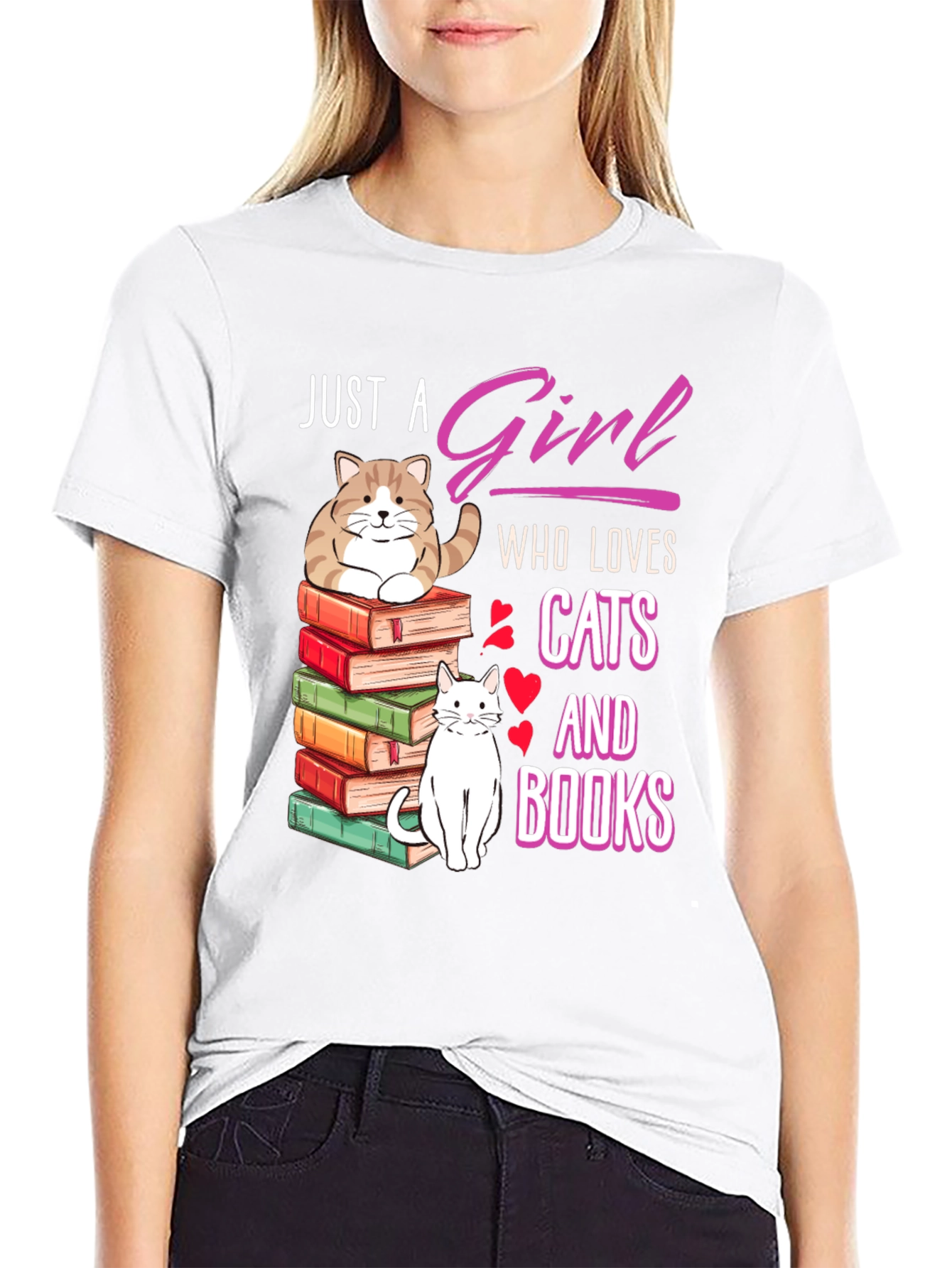 Black Just A Girl Who Loves Cats and Books T-Shirt view 9