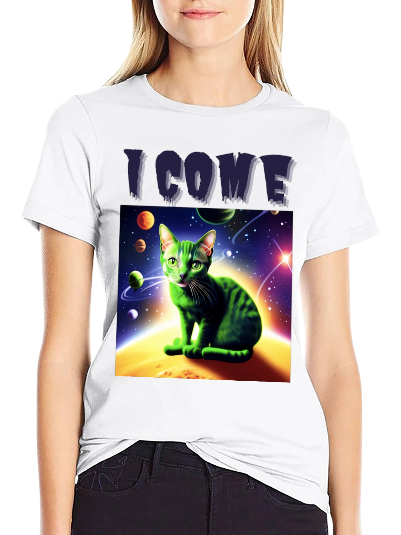 Black I Come In Peace Cat T-Shirt - Space Alien Green Kitty Tee view 9