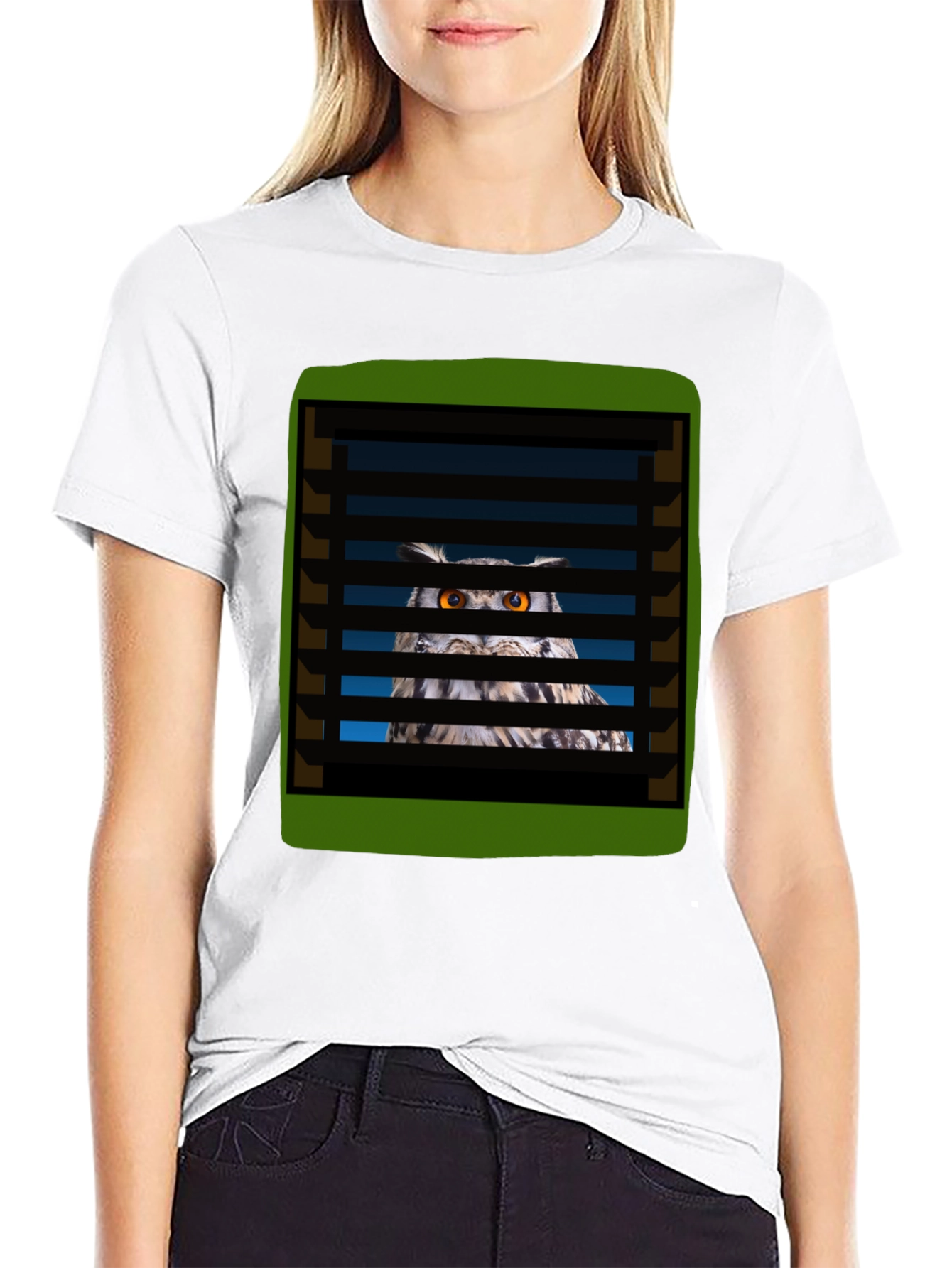 Black Owl Peeking Through Blinds Graphic T-Shirt view 9