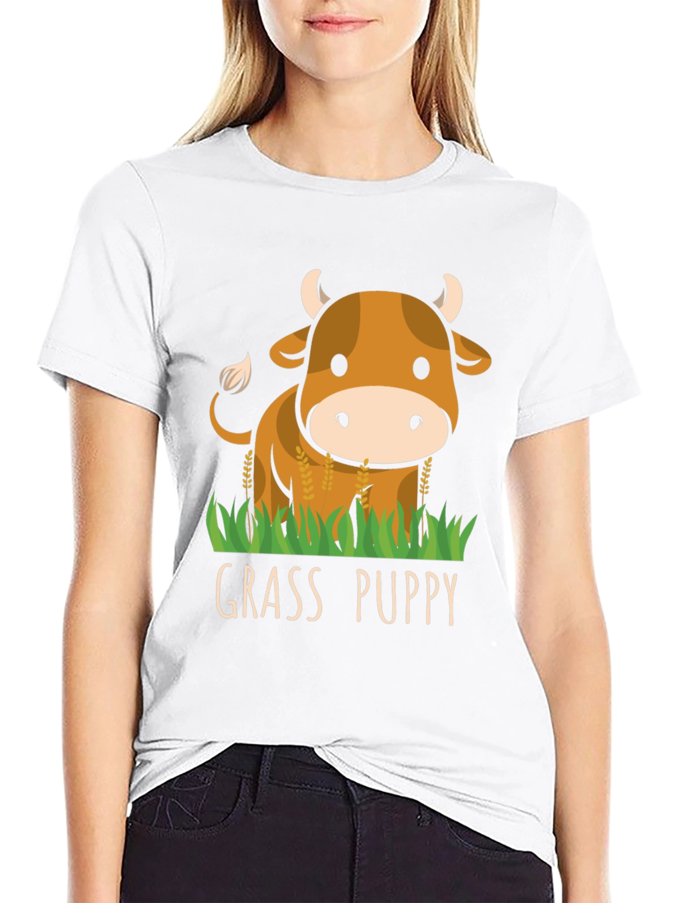 Black Grass Puppy Cute Cow Graphic T-Shirt view 9