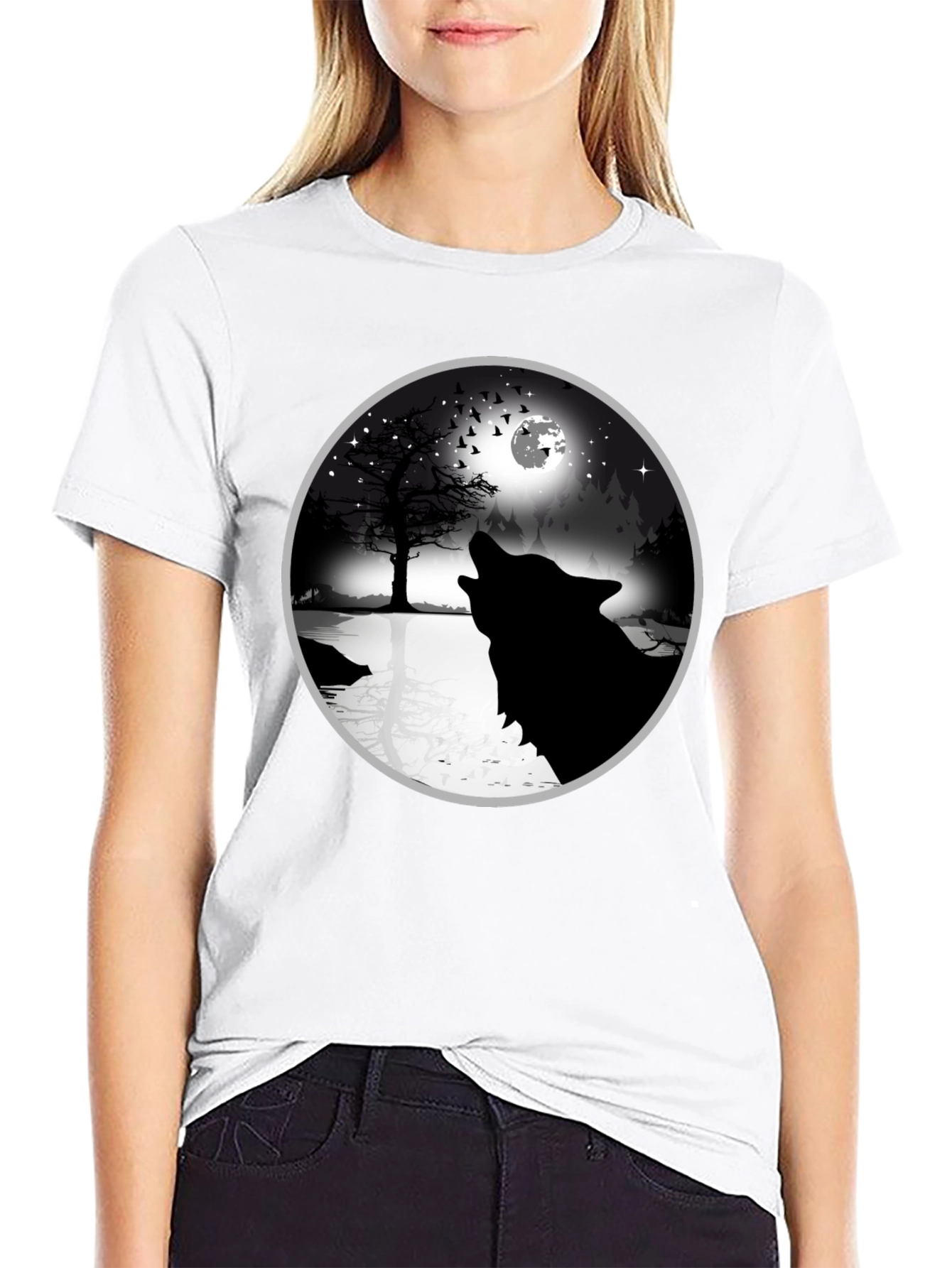 Black Wolf Howling at Moon Graphic Tee - Black view 9