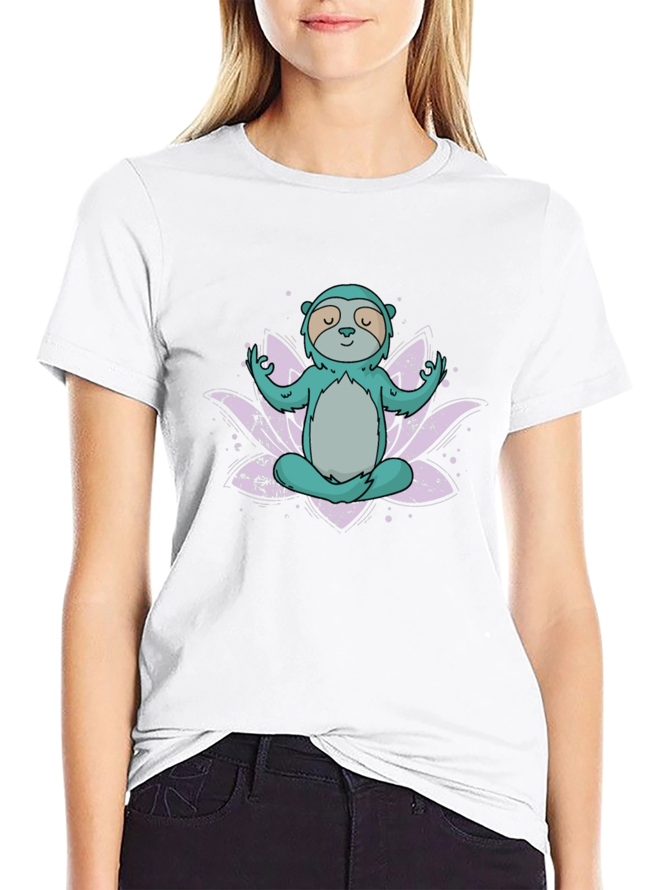 Black Meditating Sloth T-Shirt - Lotus Flower Design view 9