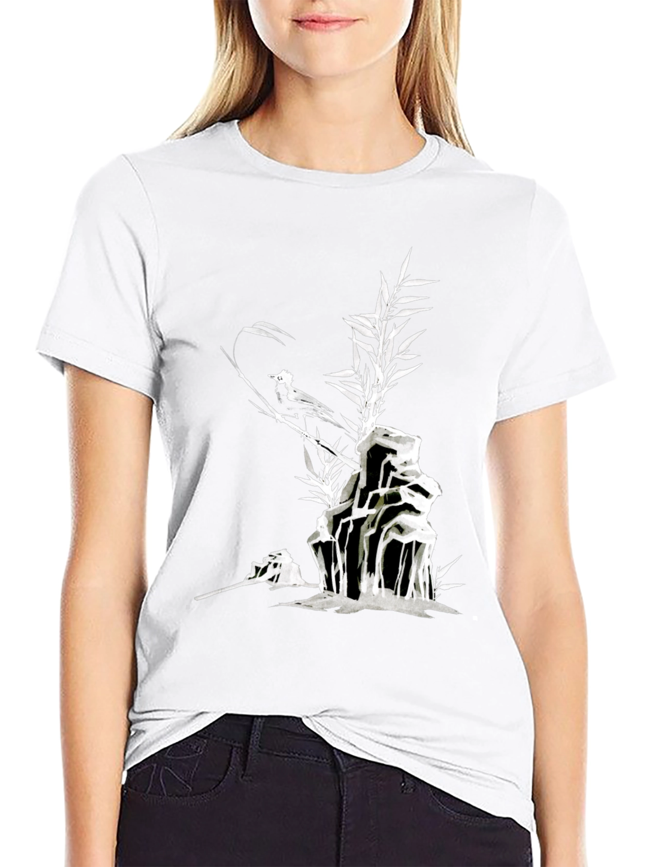 Black Men's Black T-Shirt with Bird and Bamboo Graphic view 9