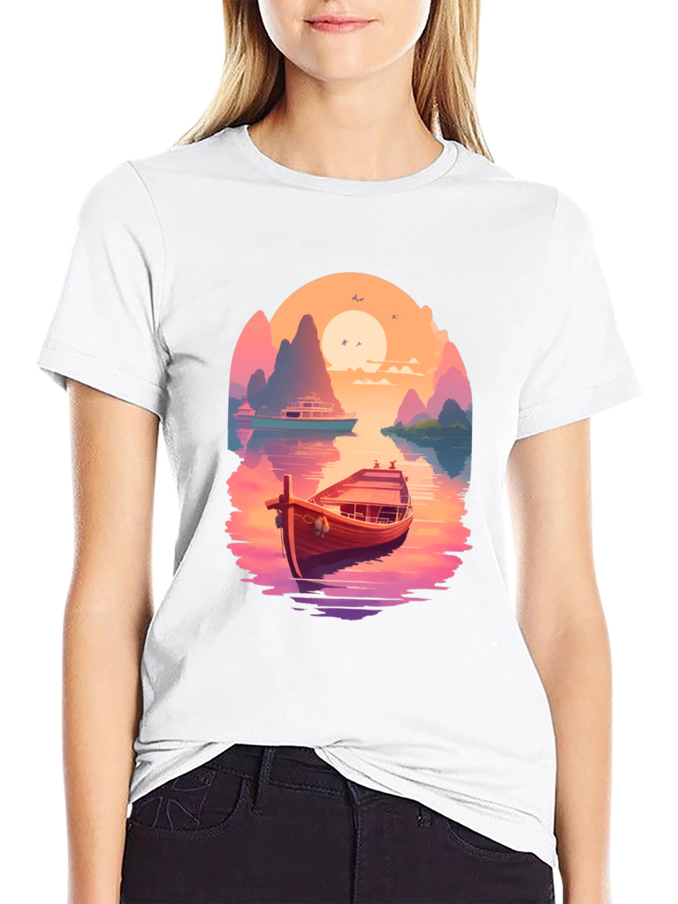 Boat Scene Graphic Tee - Retro Sunset Style - 9