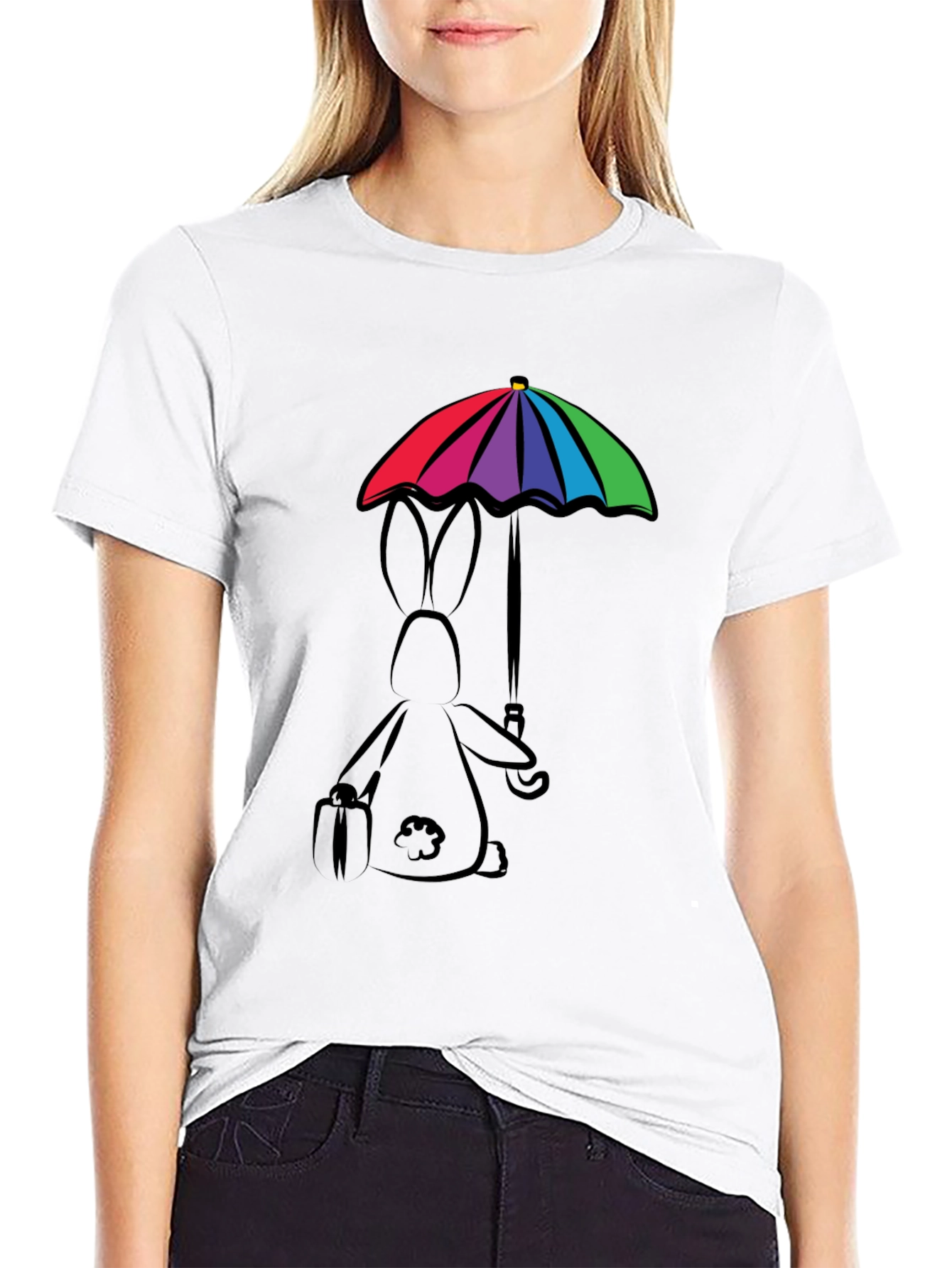 Black Rainbow Umbrella Bunny T-Shirt view 9