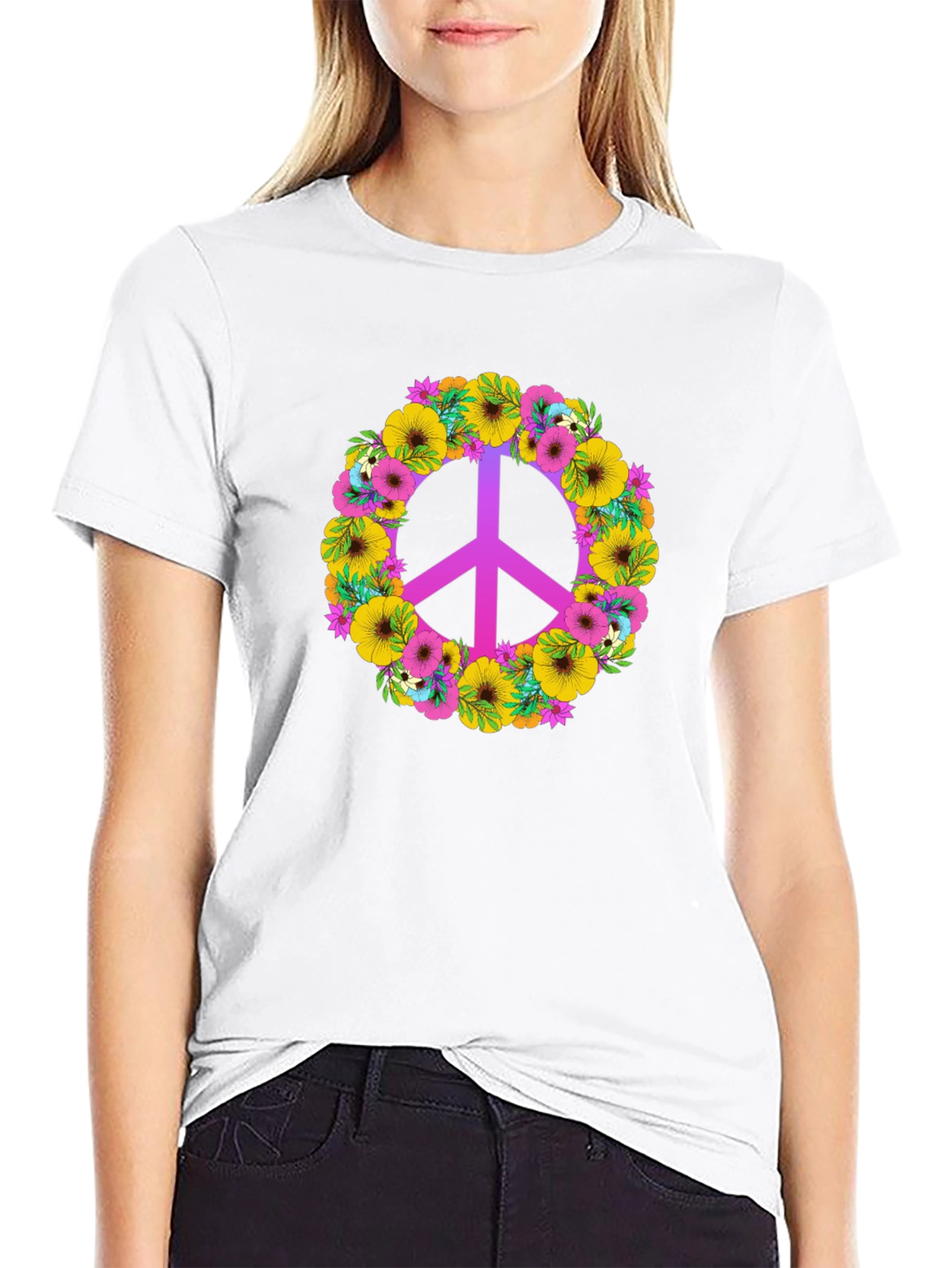 Black Floral Peace Sign Graphic Tee - Black Cotton Blend view 9