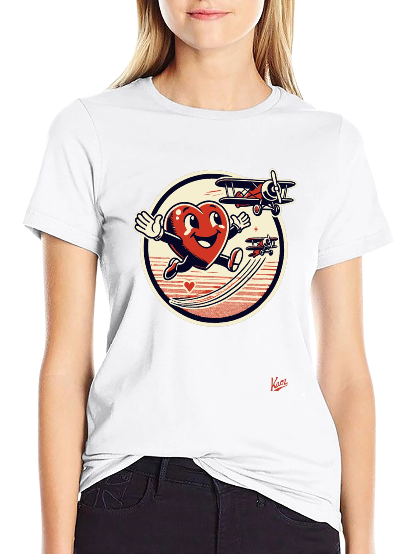 Black Cartoon Heart Airplane T-Shirt view 9