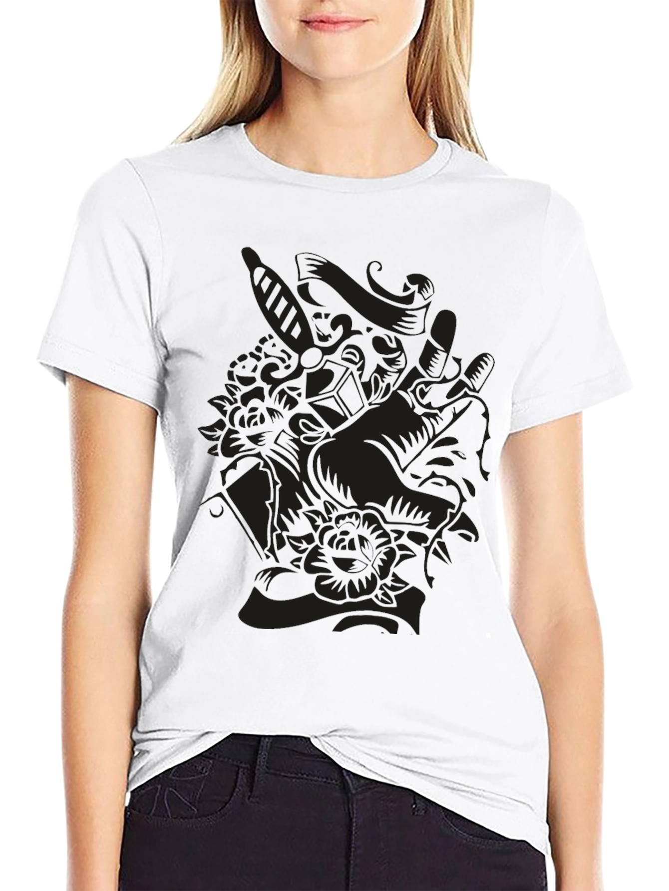 Black Dark Art Graphic Tee - Skull & Rose Design view 9