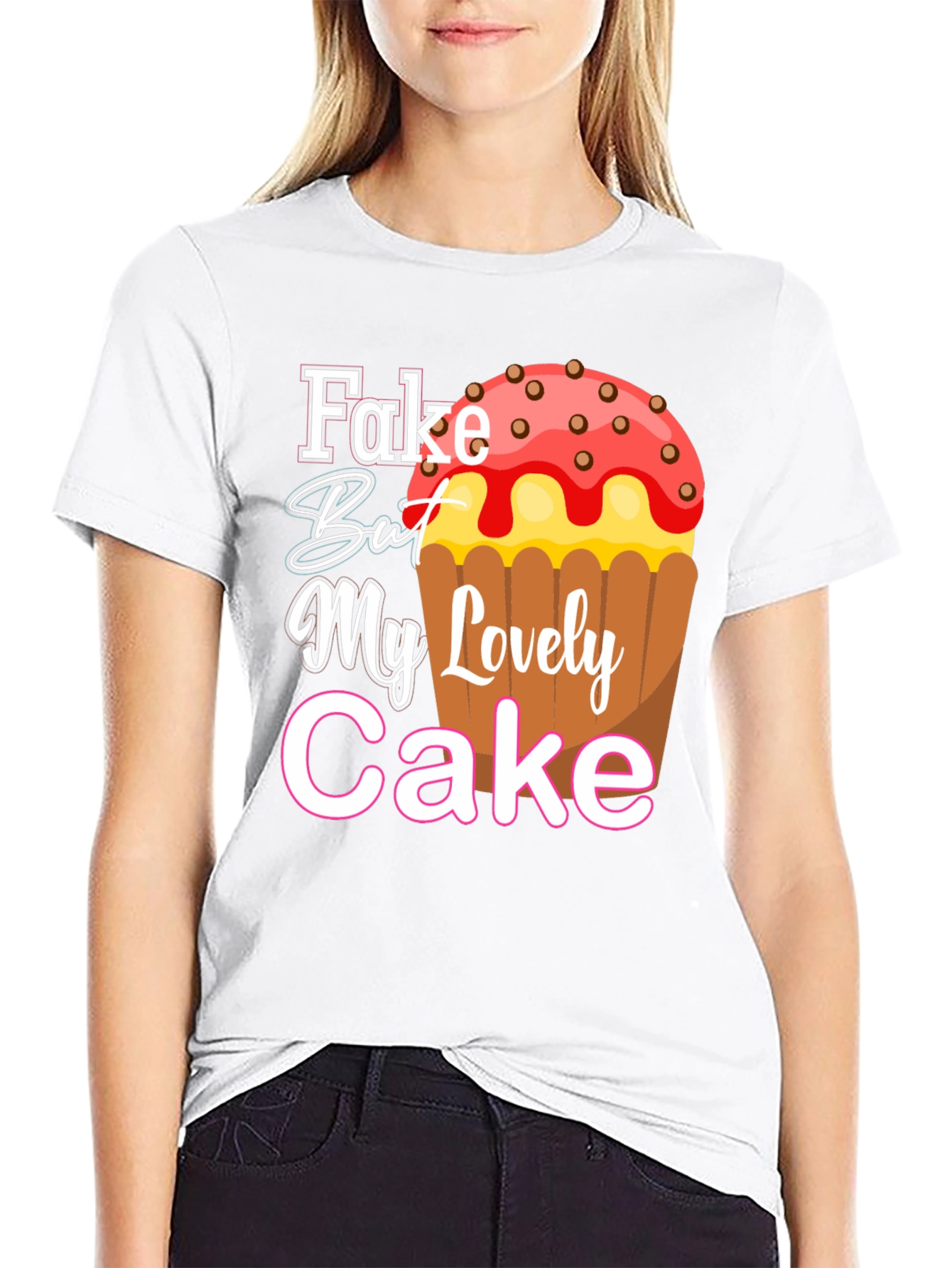 Black Fake But My Lovely Cake Black Graphic Tee view 9