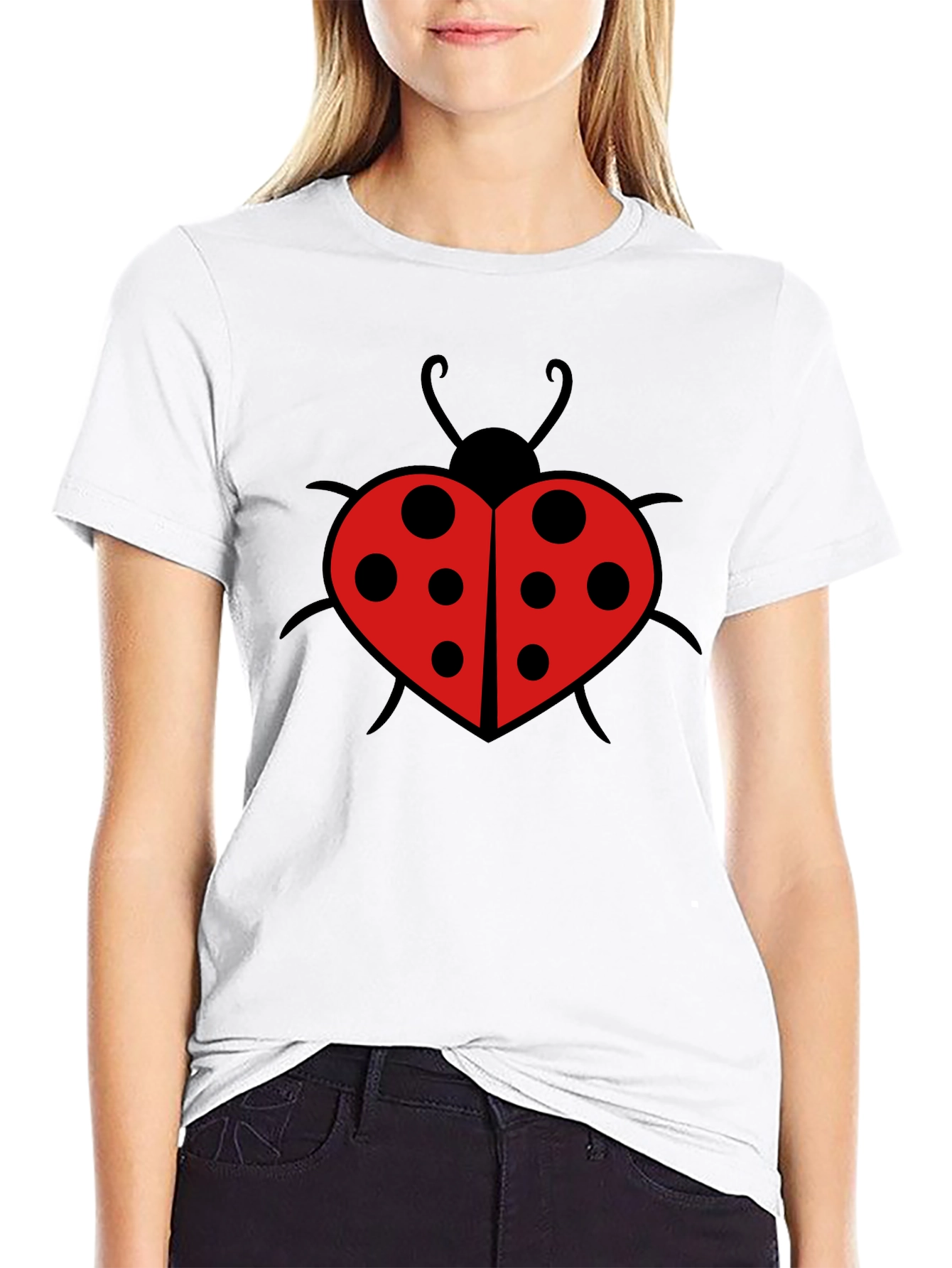 Black Ladybug Heart Graphic Tee - Black Cotton T-Shirt view 9