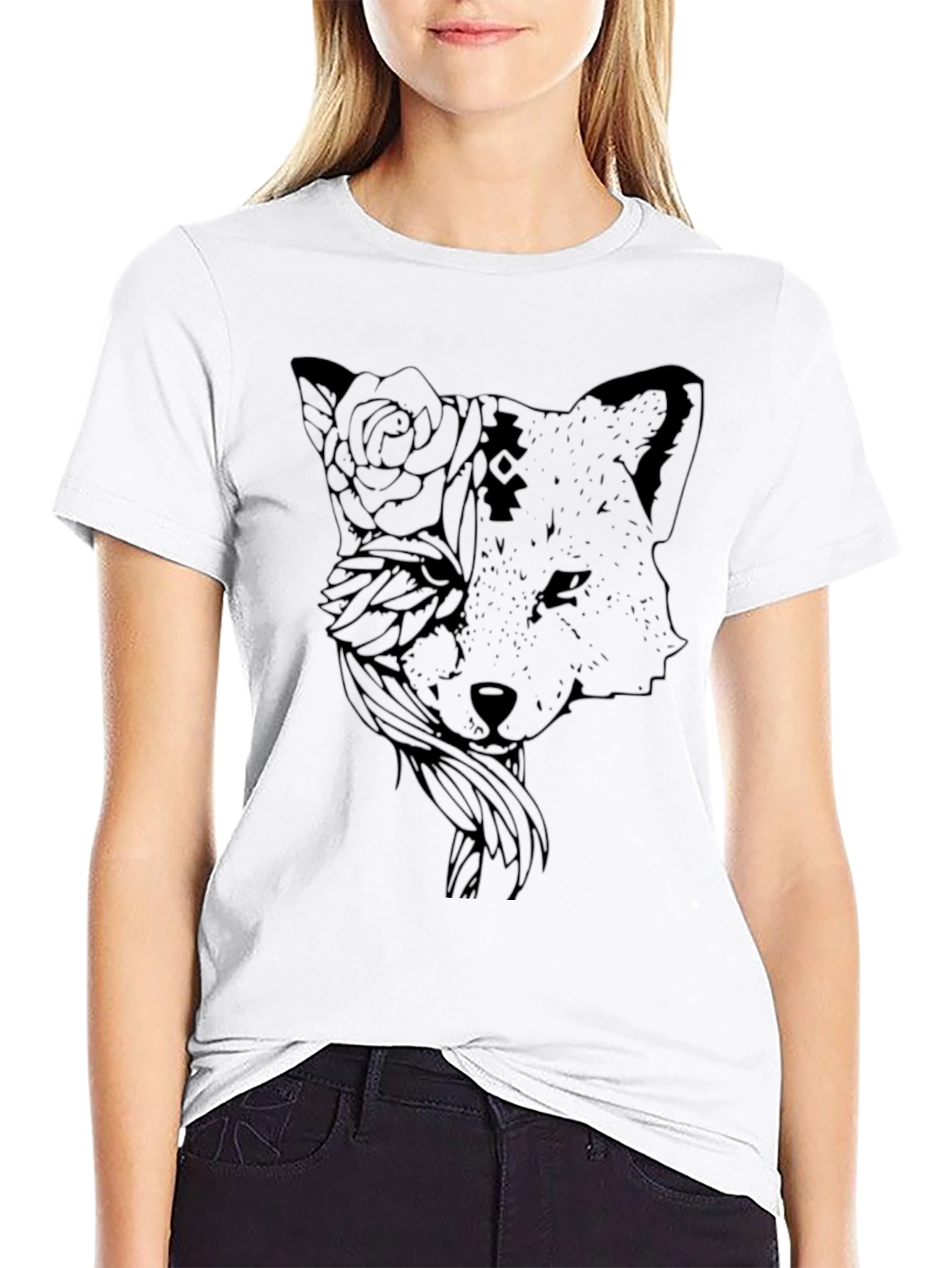Black Fox and Floral Graphic Tee - Stylish Casual Wear view 9