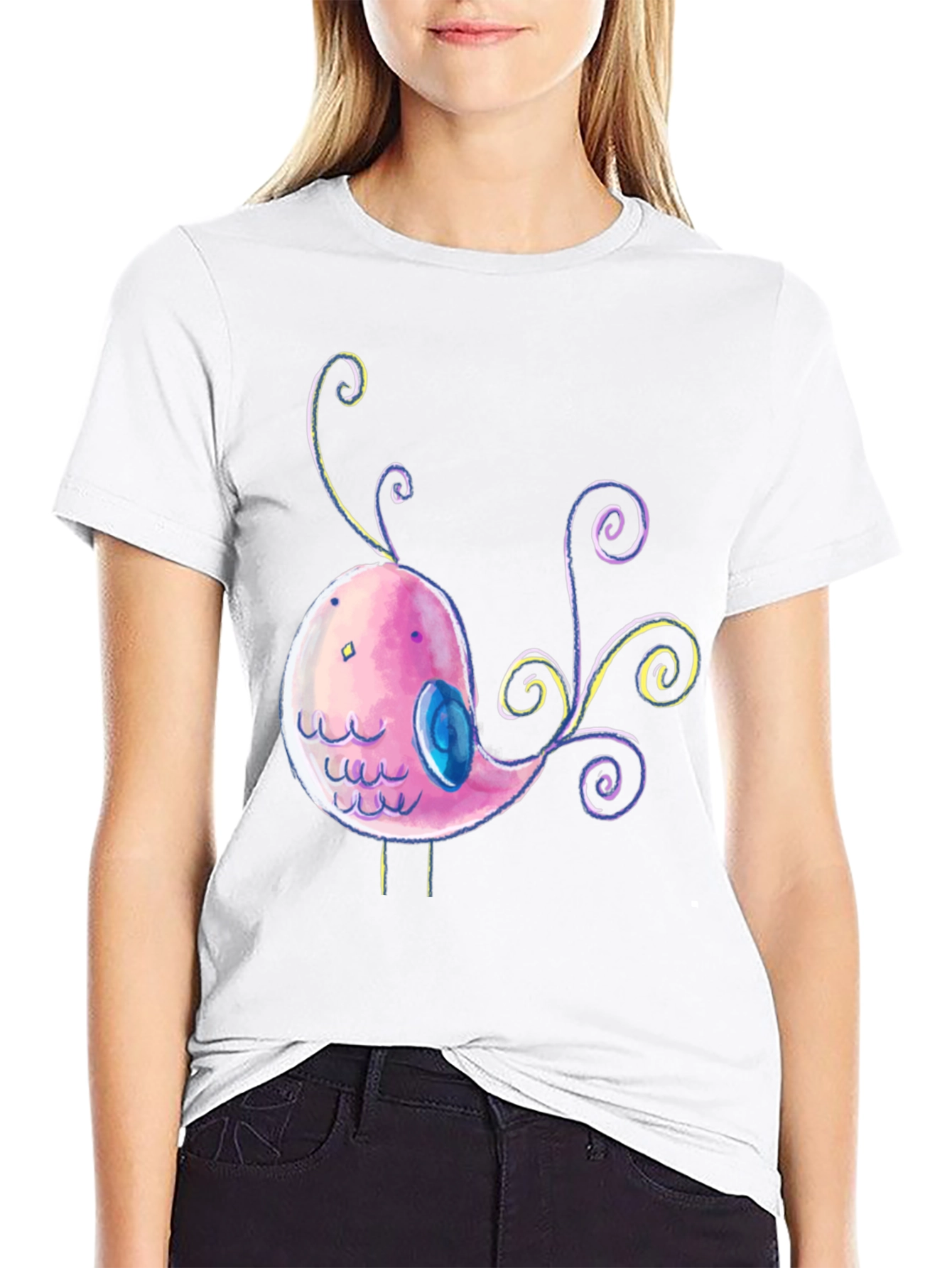 Black Cute Cartoon Bird Graphic Black T-Shirt view 9