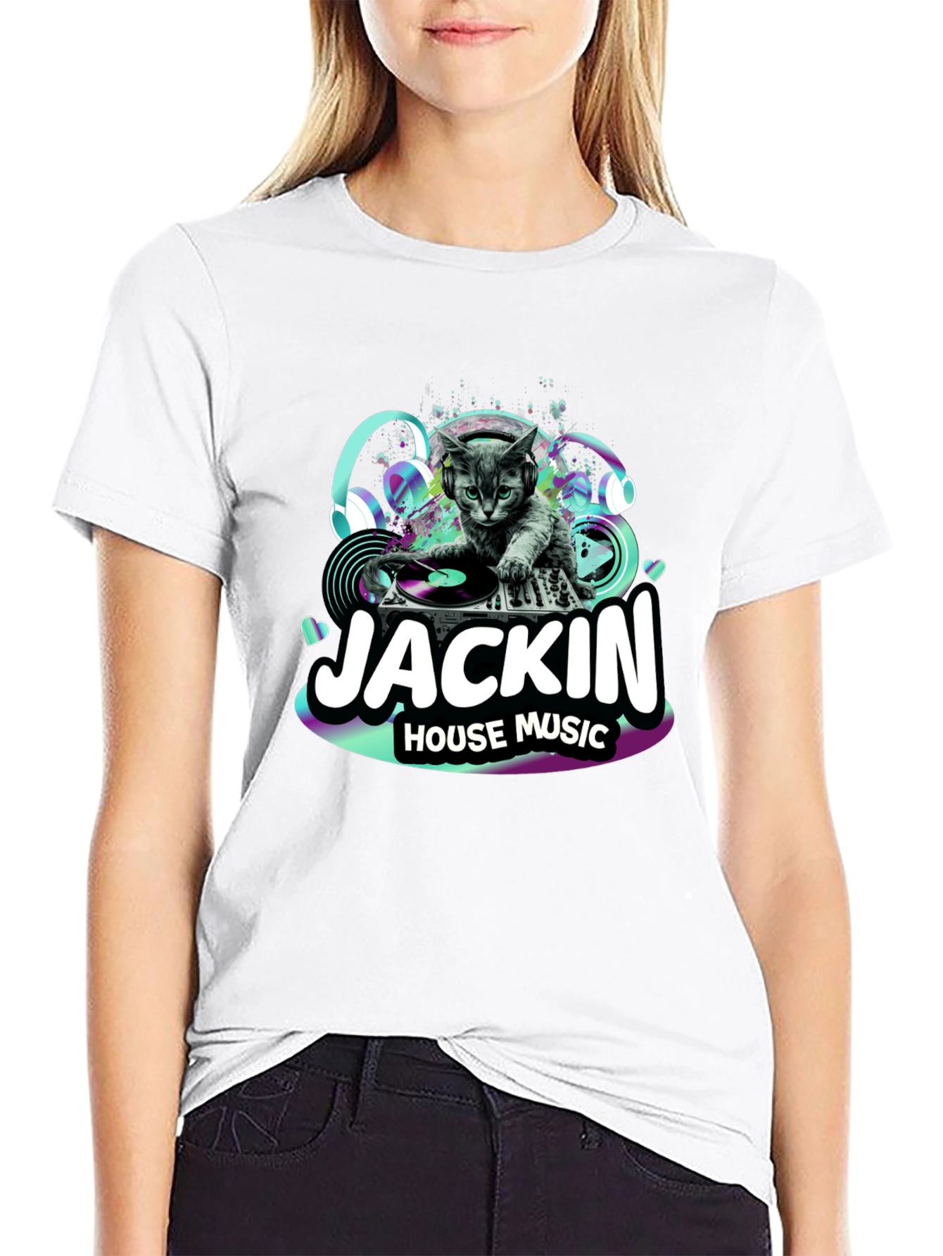 Black DJ Cat T-Shirt - "Jackin' House Music" view 9