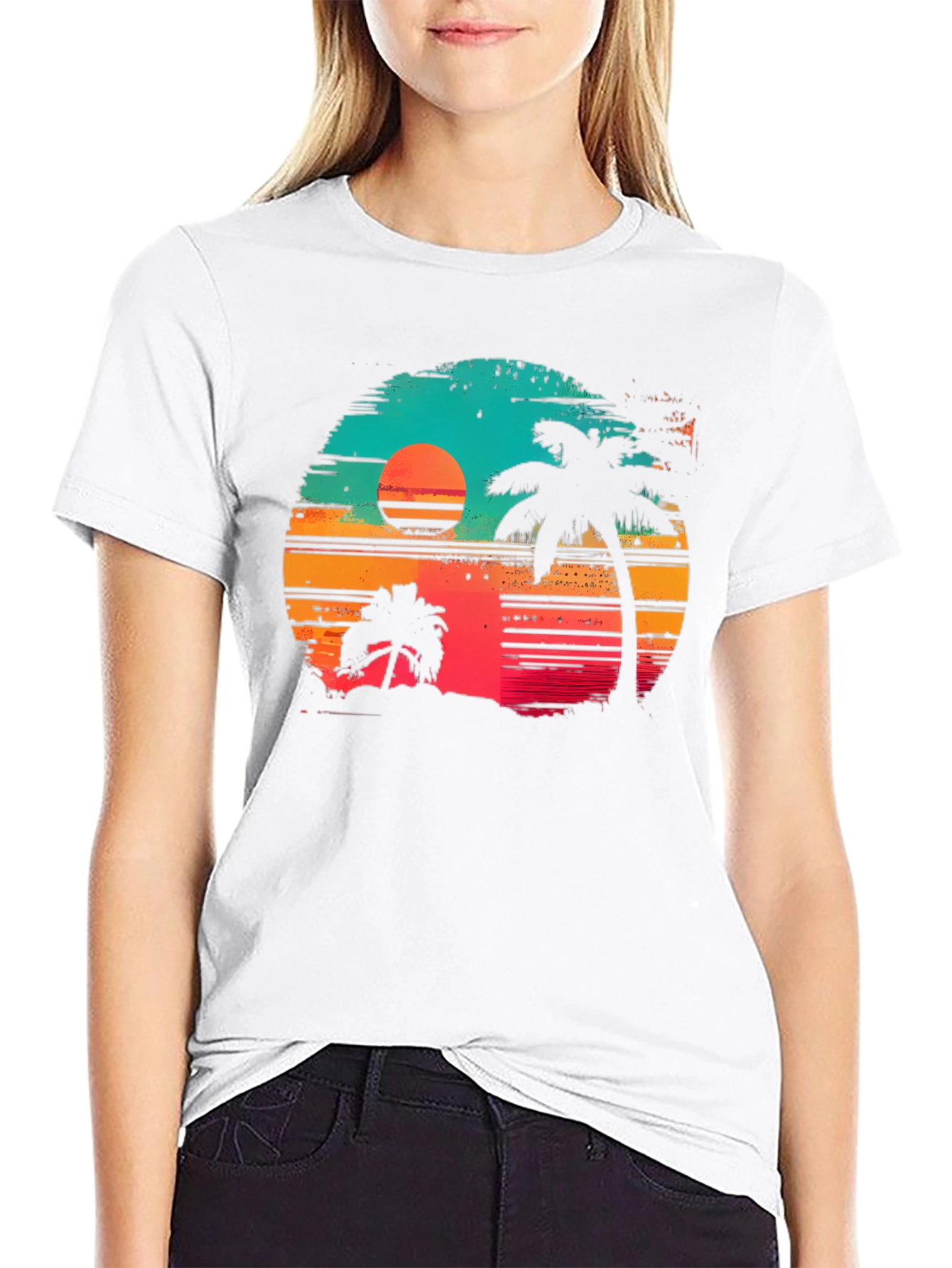 Black Retro Sunset Palm Tree Graphic T-Shirt view 9