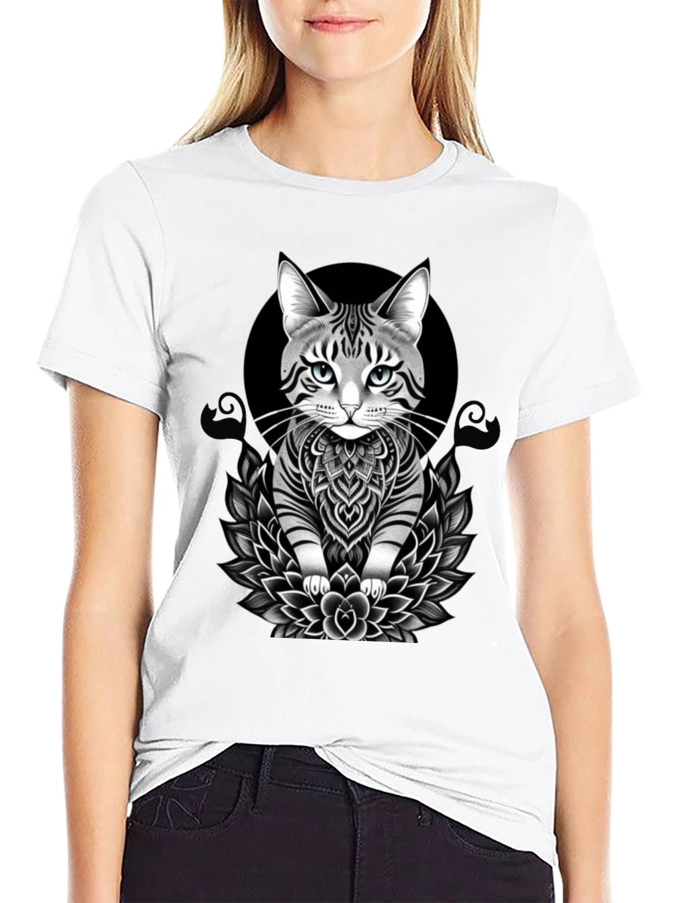 Black Cat Mandala T-Shirt - Artistic Graphic Tee view 9