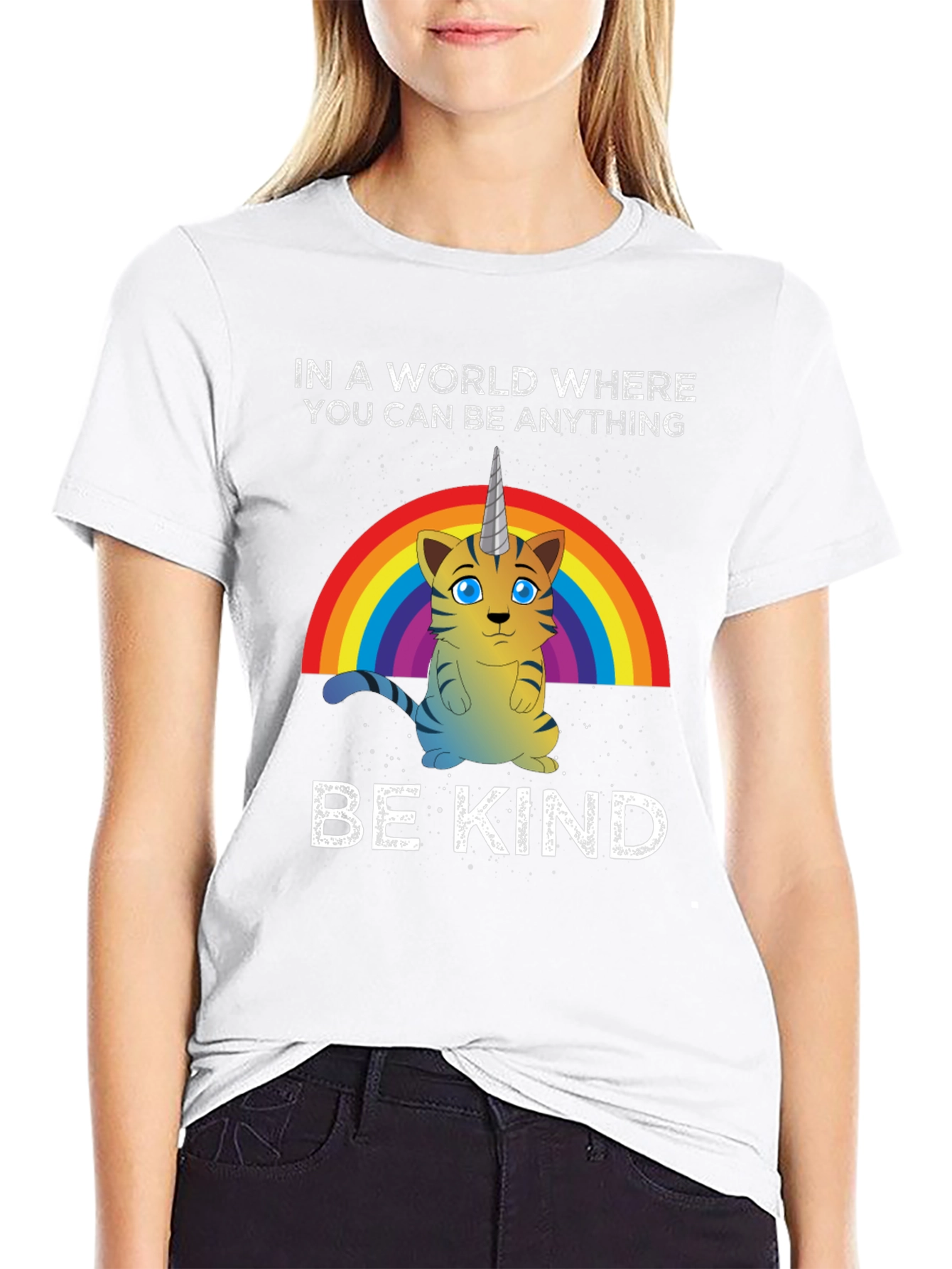 Black Unicorn Cat Rainbow T-Shirt - Be Kind view 9