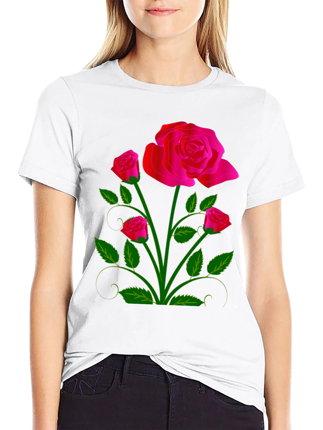 Black Black T-Shirt with Vivid Floral Rose Design view 9