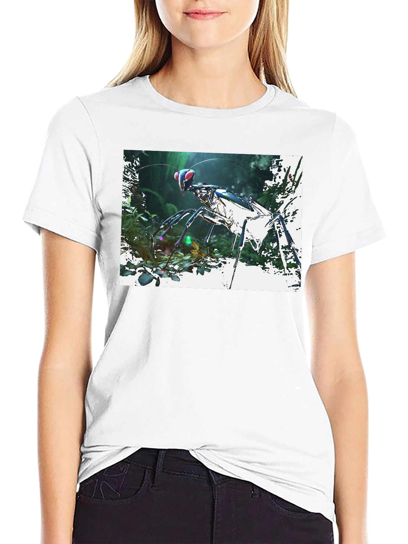 Black Futuristic Praying Mantis Graphic T-Shirt view 9