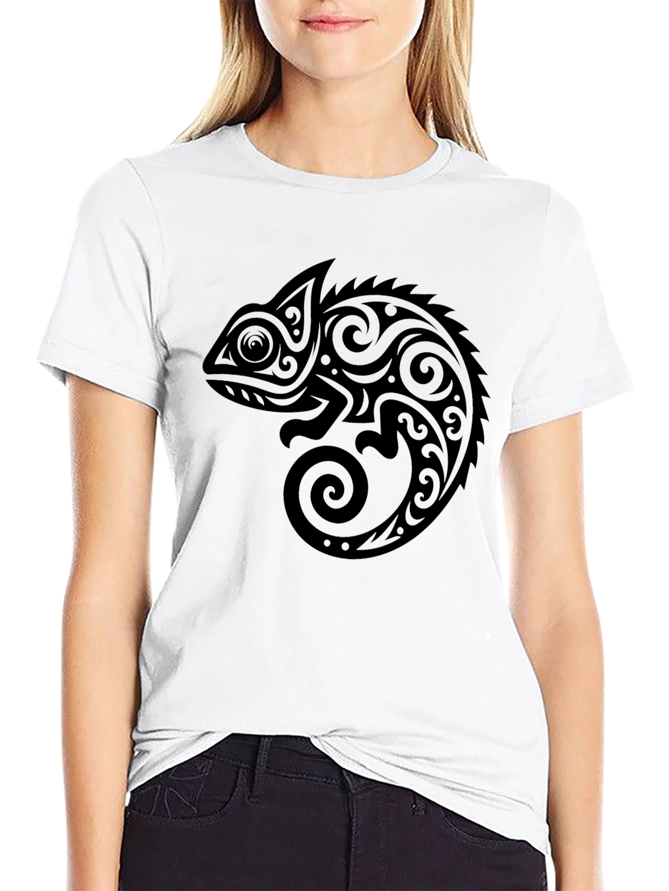 Black Tribal Chameleon Graphic T-Shirt - Black view 9