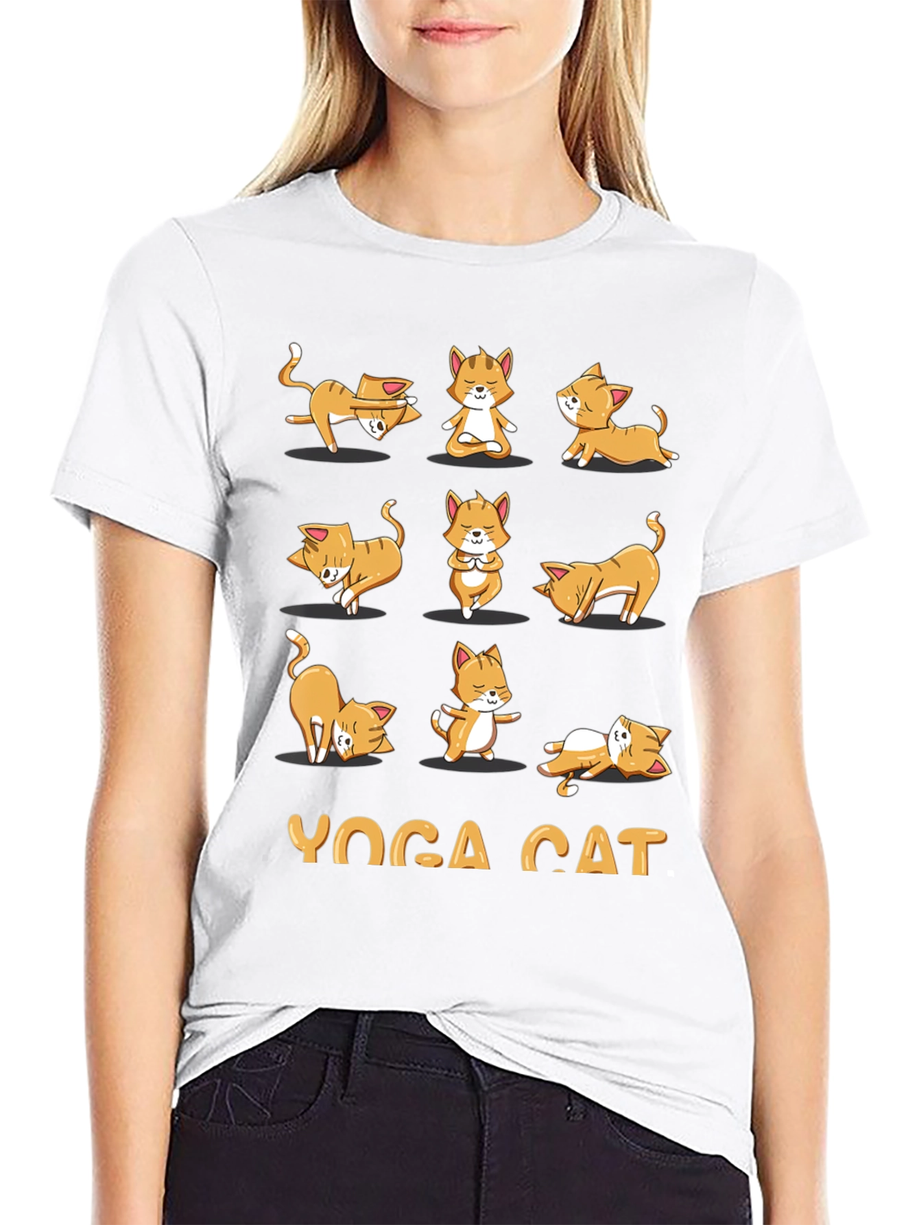 Black Yoga Cat Graphic T-Shirt - Black Cotton Tee view 9