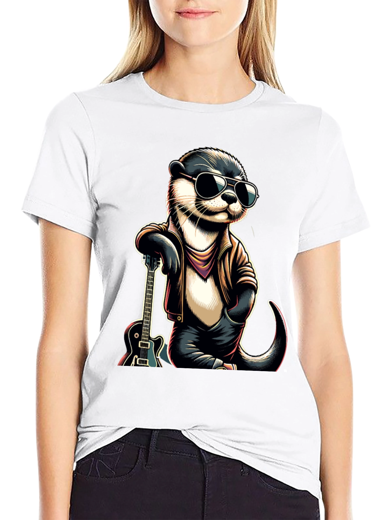 Black Cool Otter Guitarist Graphic Tee view 9