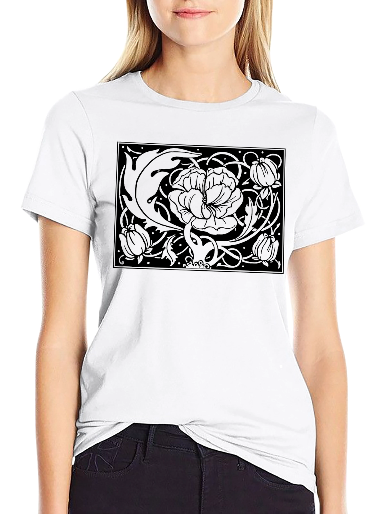 Black Floral Art Nouveau Graphic Black T-Shirt view 9