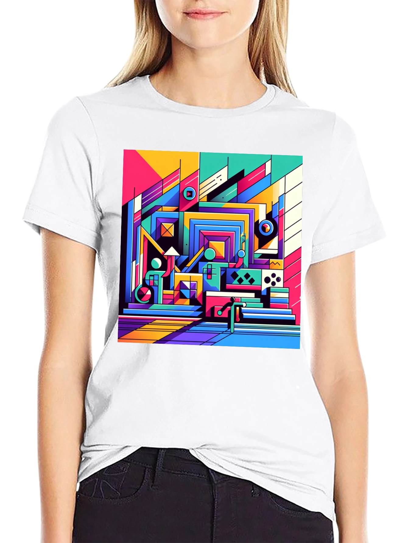 Black Retro Geometric Art T-Shirt - Bold Colorful Design view 9