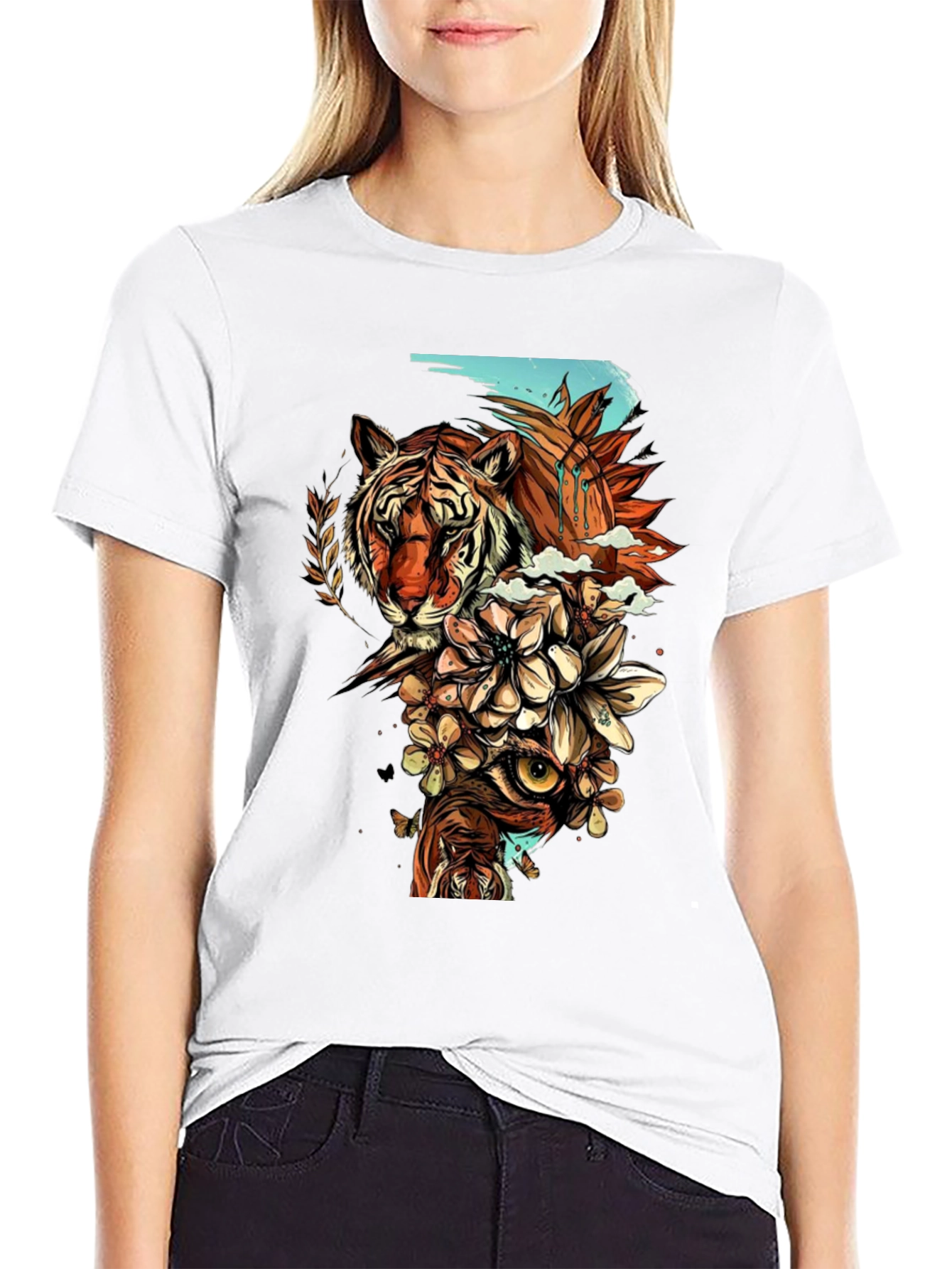 Black Tiger & Owl Graphic Print Black T-Shirt view 9