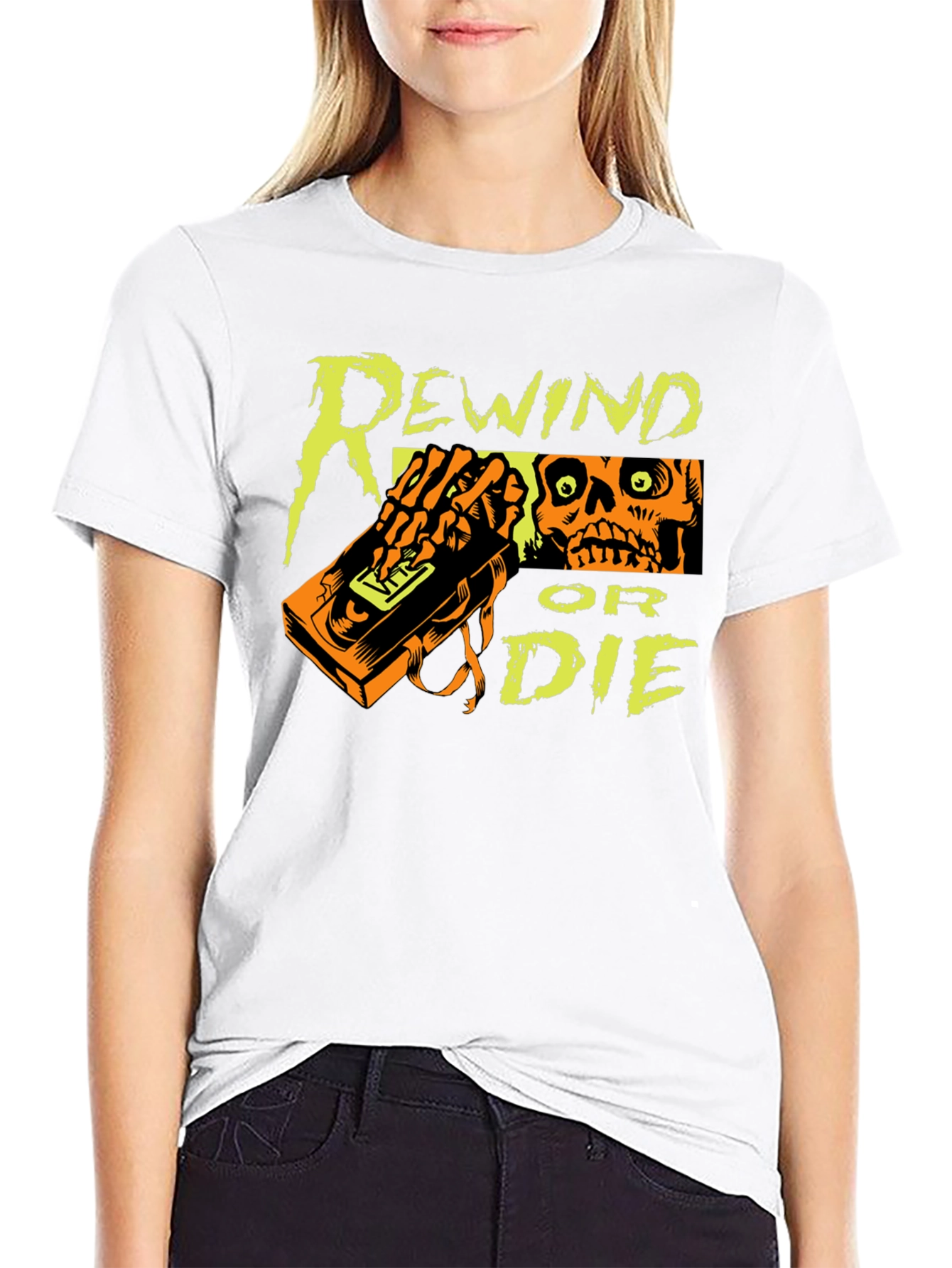 Black Rewind or Die Graphic Tee - VHS Tape Skull T-Shirt view 9