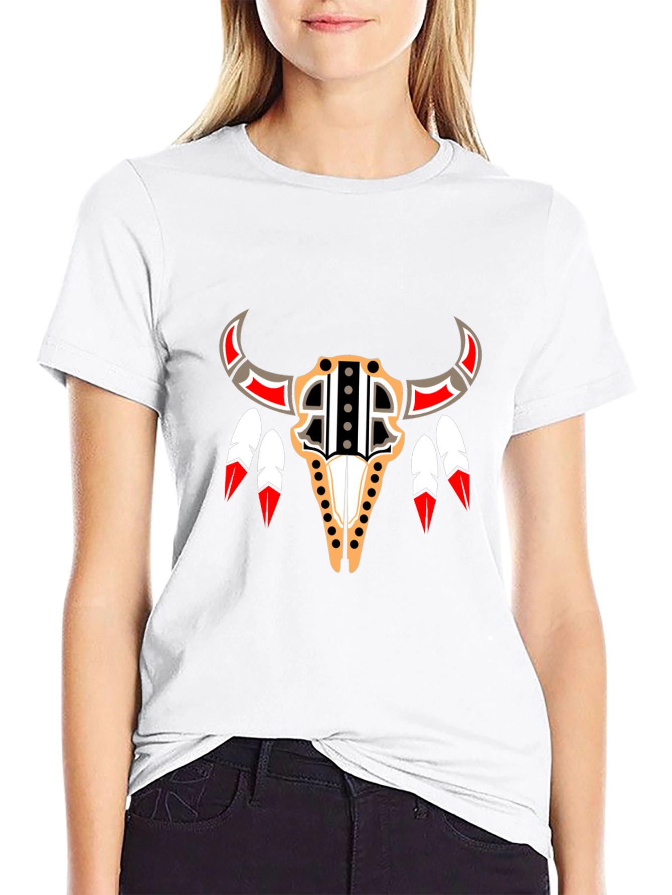 Black Native American Bull Skull Graphic Tee view 9